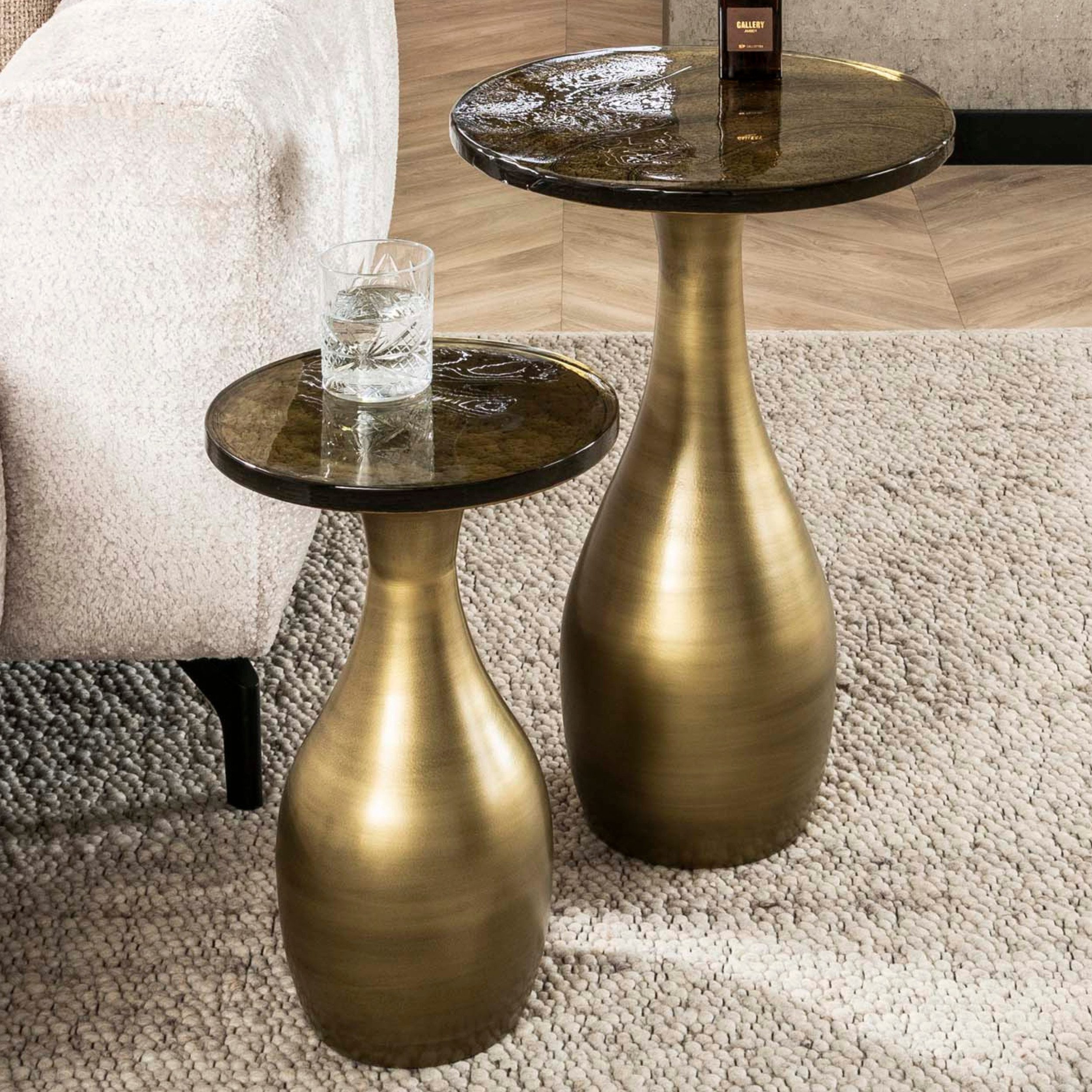 alesvelt Beistelltisch Set ECLIPSE DROP 2-teiliges Satztisch-Duo aus Gussglas mit Tropfenfuß (2er-Set), Antikkupfer, Antikgold