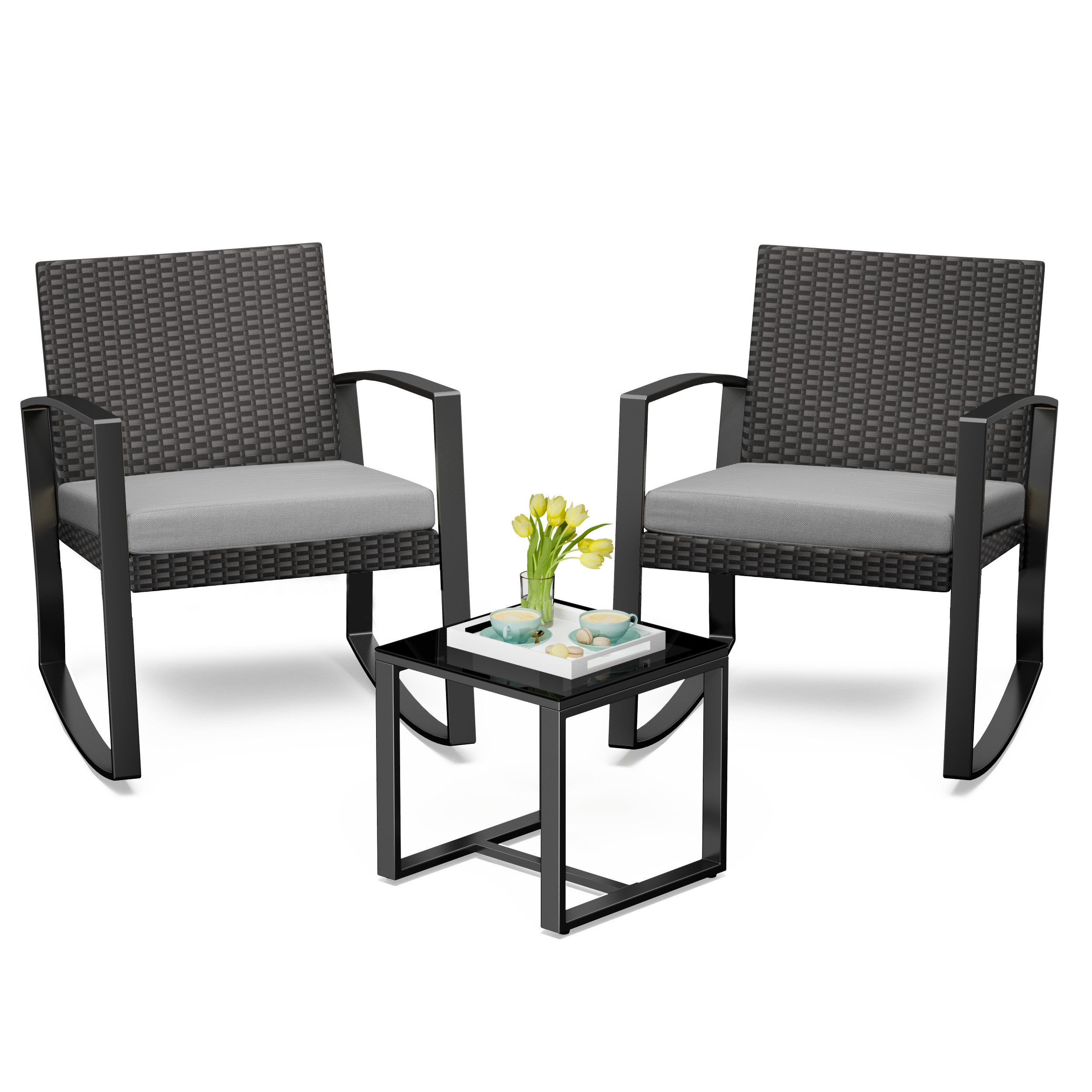 Bealife Balkonset Gartenlounge-Set, (3-tlg), 1 Tisch und 2 Stühle, Rattan Gartenmöbel, (Mit Schaukel-Funktion)