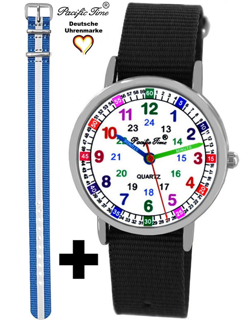 Pacific Time Quarzuhr Set Kinder Armbanduhr Lernuhr Wechselarmband, Mix und Match Design - Gratis Versand schwarz und Reflektor blau | Quarzuhren