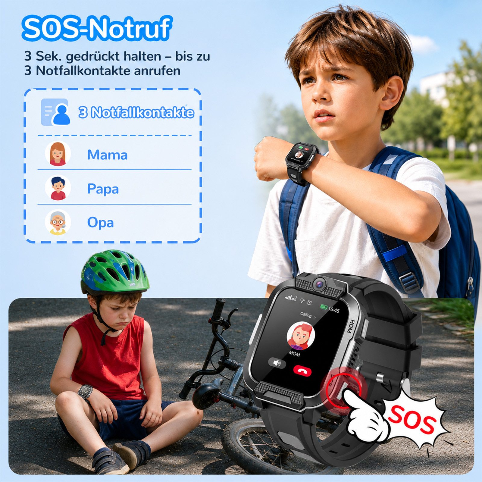 Whraills 2026 4G Kinder Smartwatch mit GPS Telefon Video SOS für Jungen Mädchen Smartwatch 4-fache Ortung (GPS, WLAN, LBS, AGPS), Sicherheitszonen, Eltern App,  – Bild 5 von 5