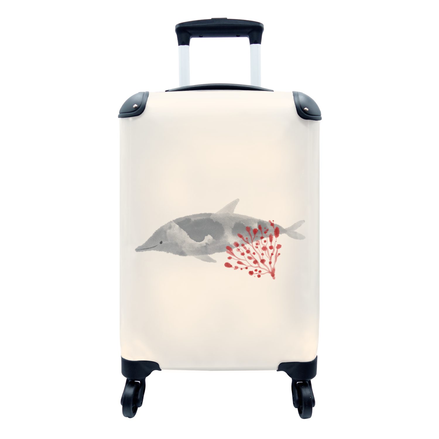 MuchoWow Handgepäckkoffer Delfin - Wasserpflanzen - Rot - Aquarell, 4 Rollen, Reisetasche mit rollen, Handgepäck für Ferien, Trolley, Reisekoffer