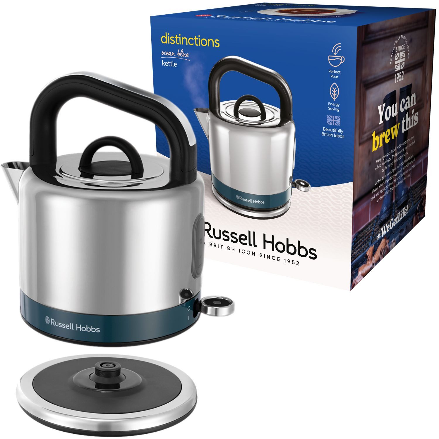 RUSSELL HOBBS Wasserkocher Distinctions Wasserkocher 1,5L 2400W Edelstahl, 1.5 l, 2400 W, Kettle Teekocher Retro Kalkfilter Schnellkochfunktion Ergonomisch