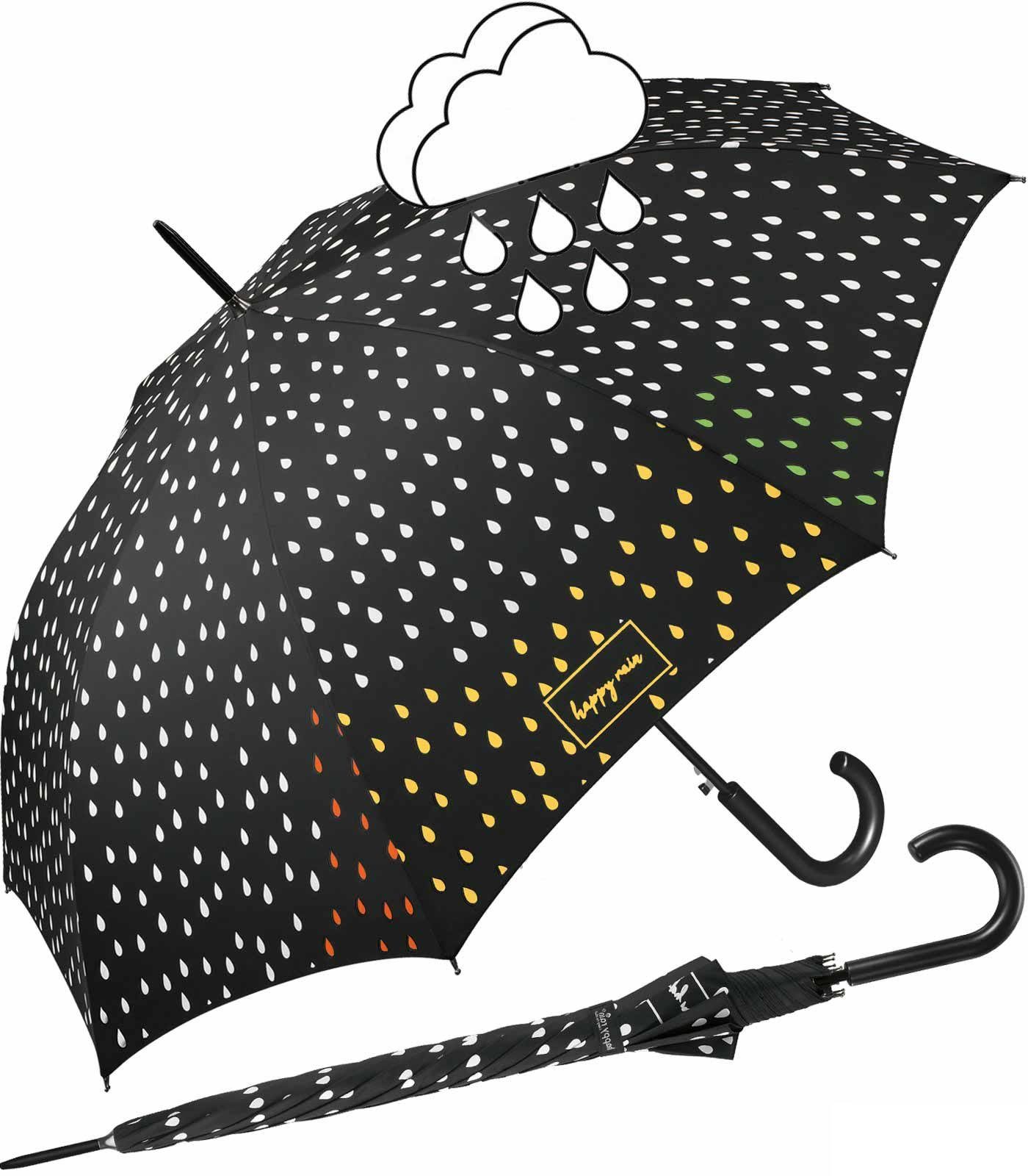 HAPPY RAIN Stockregenschirm großer Damen-Regenschirm mit Auf-Automatik, die weißen Tropfen färben sich bei Nässe bunt