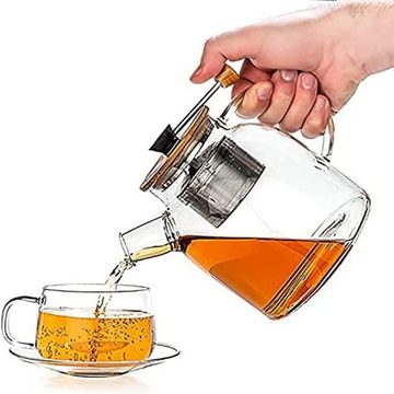 Naturic Teekanne Teekanne mit Stövchen aus Glas mit Sieb 1,6 l Teekanne mit Siebeinsatz, 1600 l, Spülmaschinengeeignet, Edelstahl Sieb, Deckel Abnehmbar