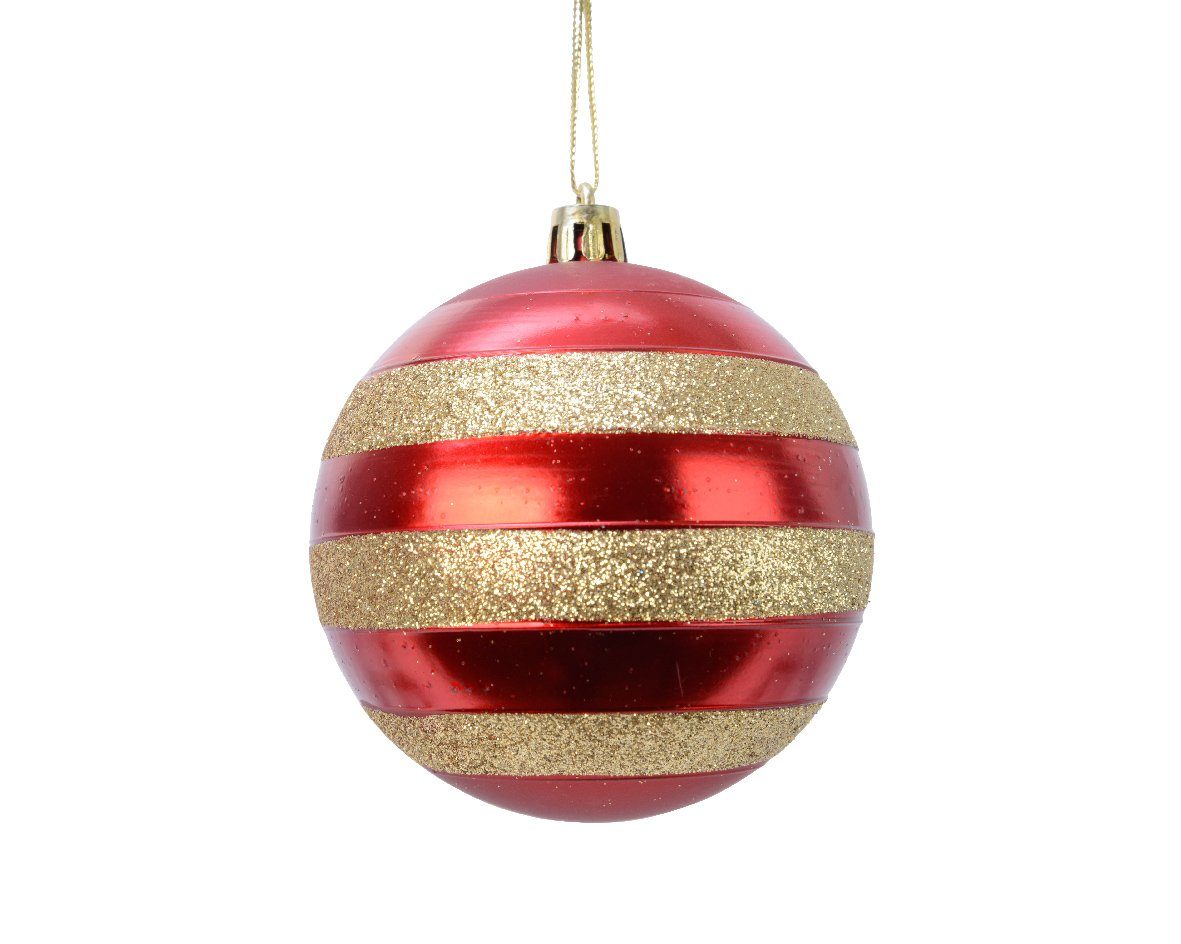 Decoris season decorations Streifen - Weihnachtsbaumkugel, 12er Weihnachtskugeln 8cm Kunststoff Weihnachtsrot Set