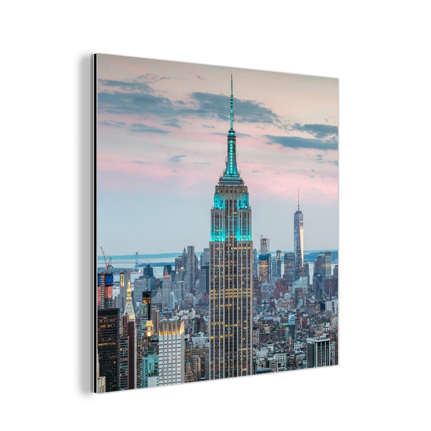 MuchoWow Metallbild Das beleuchtete Empire State Building in New York, (1 St), Alu-Dibond-Druck, Gemälde aus Metall, Aluminium deko