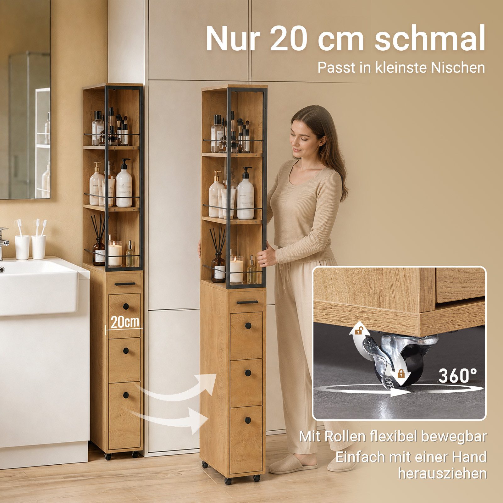 SoBuy Hochschrank NSR13, Küchenwagen, Badschrank, Nischenwagen schmal 20 cm, auf Rollen Apothekerschrank mit 3 Schubladen, 3 Ablagen für kleine Küchen, Bad – Bild 2 von 5