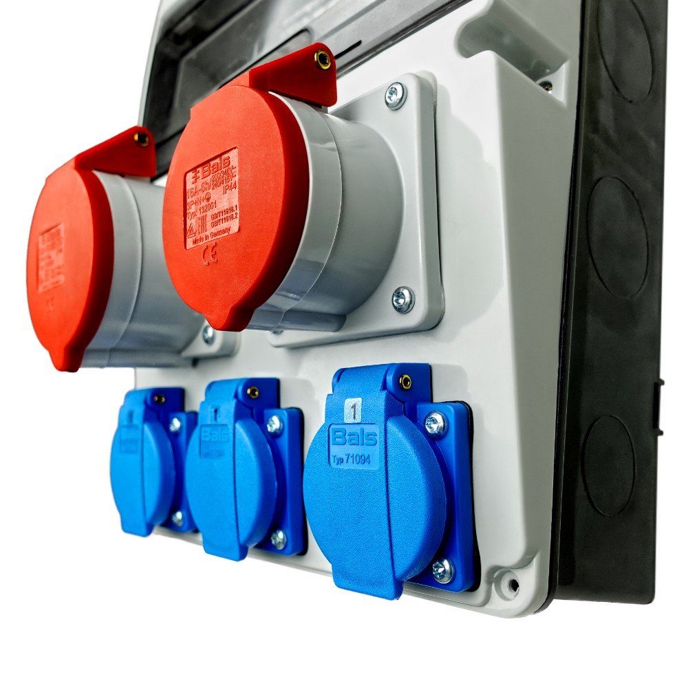 WALTER-KRAFT Stromverteiler FI LS Baustromverteiler CEE 32A/16A 3x230 Bals Steckdosenverteiler (Fi-Schalter 40A 30mA 4P Typ A RCCB, Leitungschutzschalter für CEE-Steckdosen 1 x C32A 3P 6kA, 1 x C16A 3P 6kA, Leitungschutzschalter für 230V Steckdosen 1 x C16A 1P 6kA), ausgestattet mit Bals Steckdosen