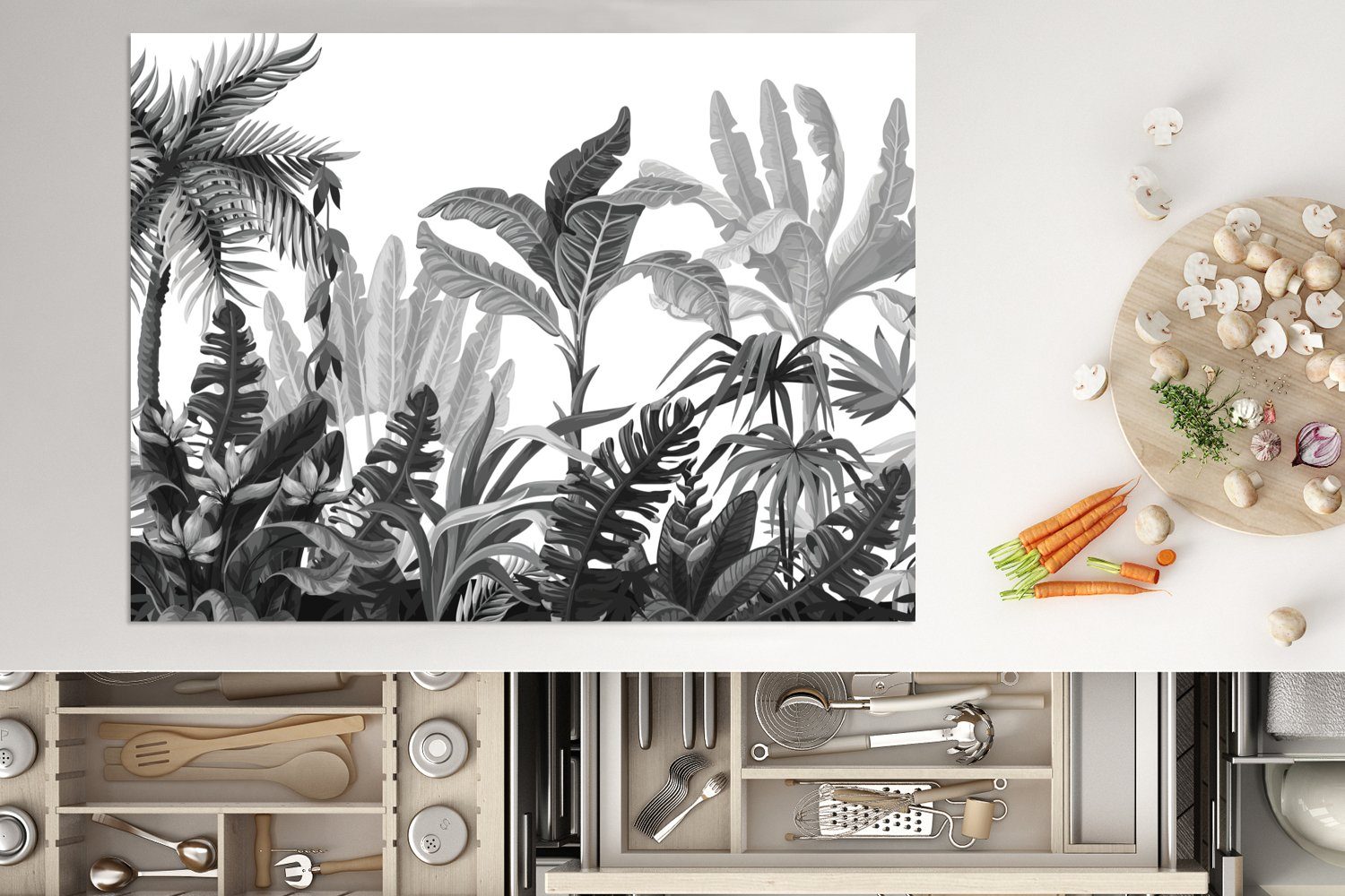 - nutzbar, - Blätter, tlg), Vinyl, cm, Ceranfeldabdeckung Arbeitsfläche Herdblende-/Abdeckplatte Design Dschungel Mobile MuchoWow 70x52 (1