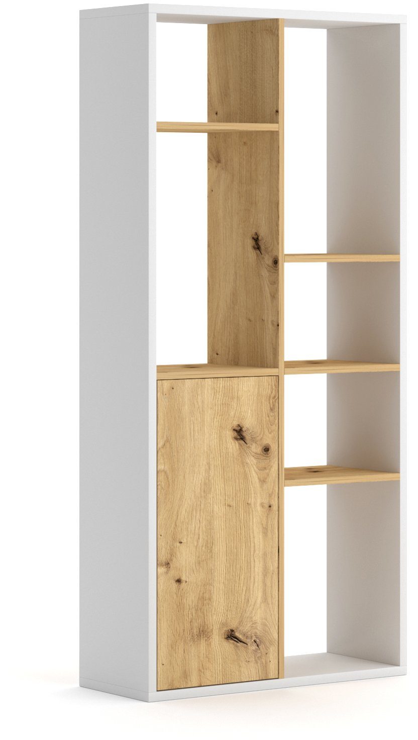 Domando Standregal Bücherregal Pavia, Breite 75cm, liegend oder stehend nutzbar, Push-to-open-System Weiß Matt und Artisan Eiche