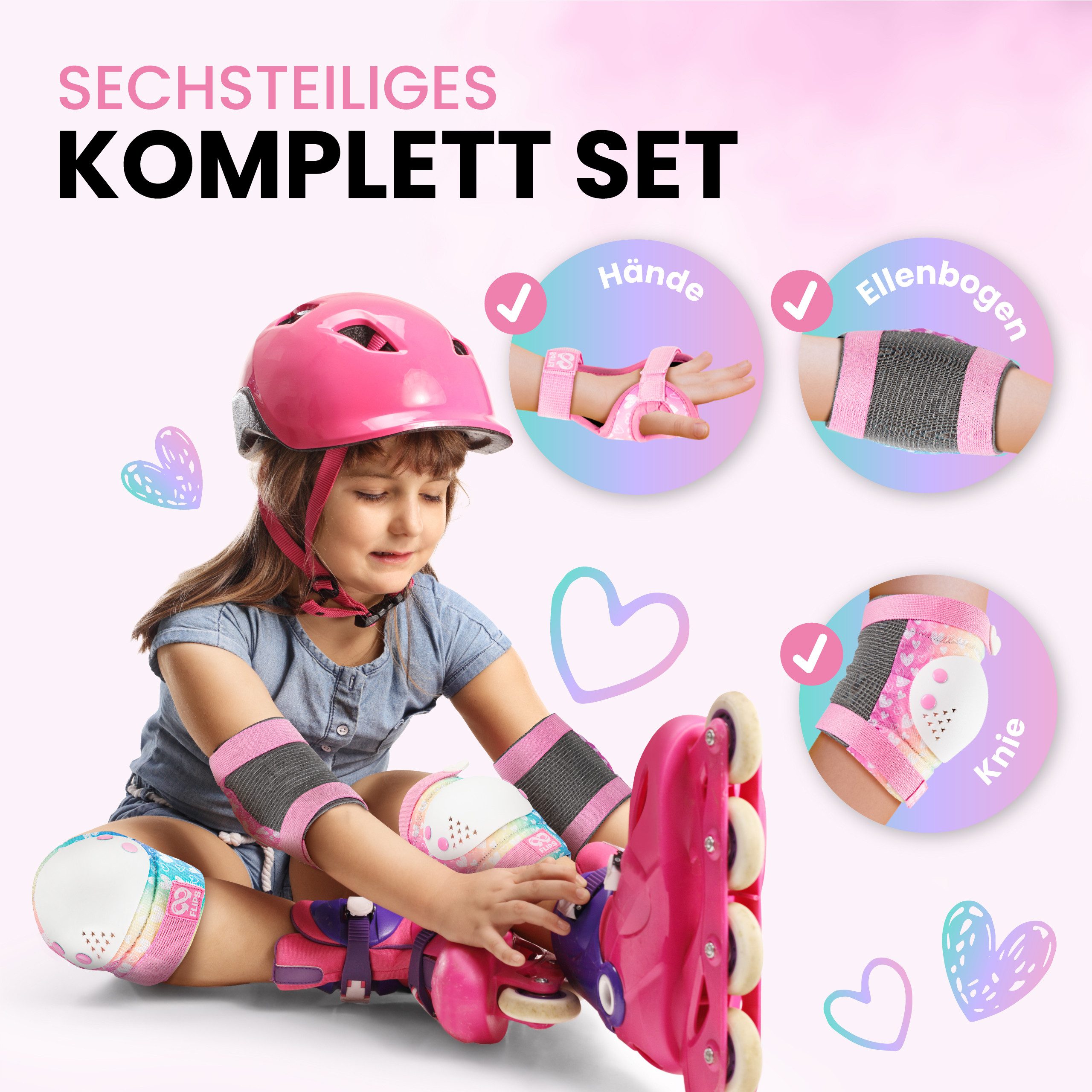 99FLIPS Protektoren-Set 3-12 Jahre - Einhorn Knieschoner Kinder Schlittschuh Schoner Set (Schützer Set Kinder für Skateboard Inline Skates Rollschuhe, 7-tlg., Knieschützer, Ellenbogen Schoner, Handschoner mit Einhorn Tasche), Schützer für kinder Mädchen Knieschützer Schutzausrüstung