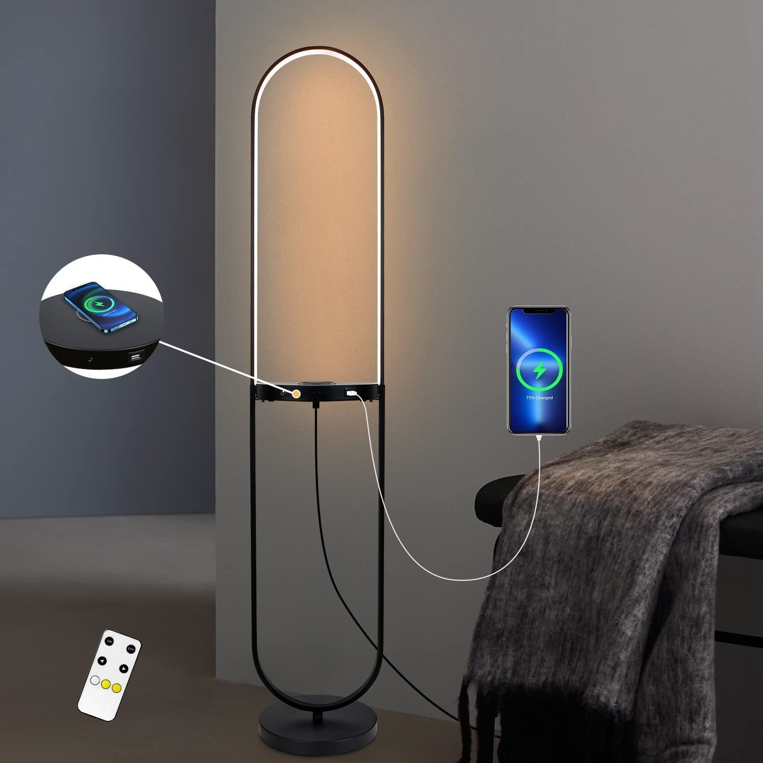 Nettlife Stehlampe Wohnzimmer Dimmbar mit Regal USB-Anschluss LED Stehleuchte Kabellos, Fernbedienung, LED fest integriert, Warmweiß Neutralweiß Kaltweiß, Schlafzimmer Büro Bett