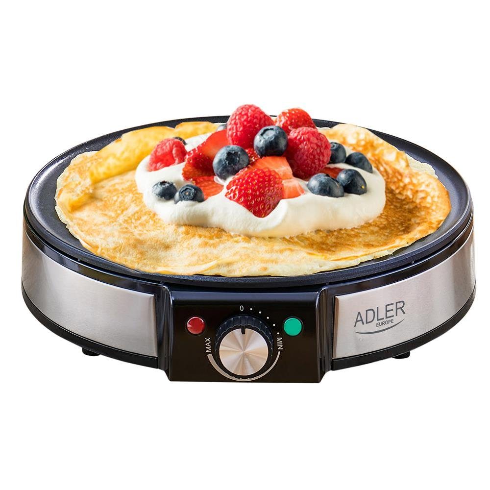 Adler Crêpesmaker AD 3058 Crepes-Maker, 1600 W, Ø 30,00 cm, mit 2 Kontrollleuchten für Leistung und Backen, Rund, Silber/Schwarz