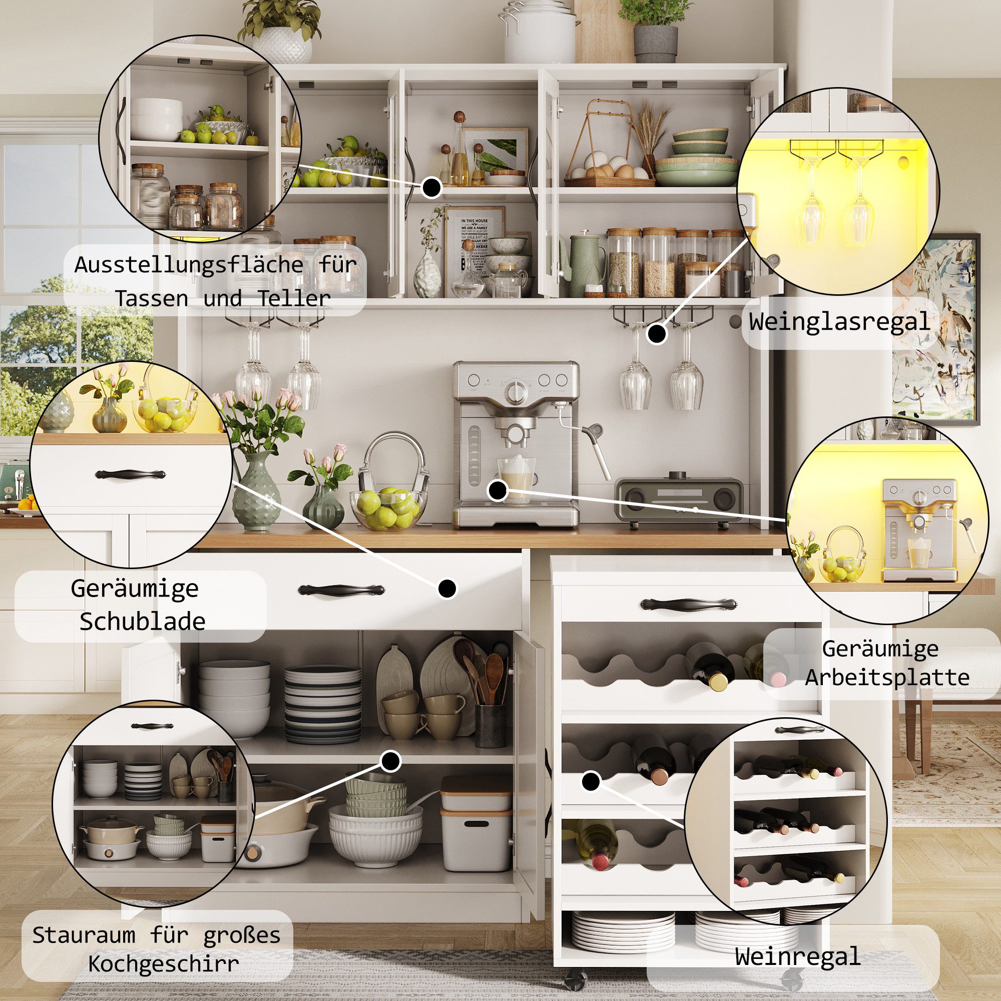 Odikalo Küchenbuffet Küchenschrank mit LED Rollwagen & Weinregal (mit Weinglasregal & Weinregal, Beleuchteter Sideboard Schrank für Wohnzimmer, Esszimmer) 140*3 – Bild 4 von 5