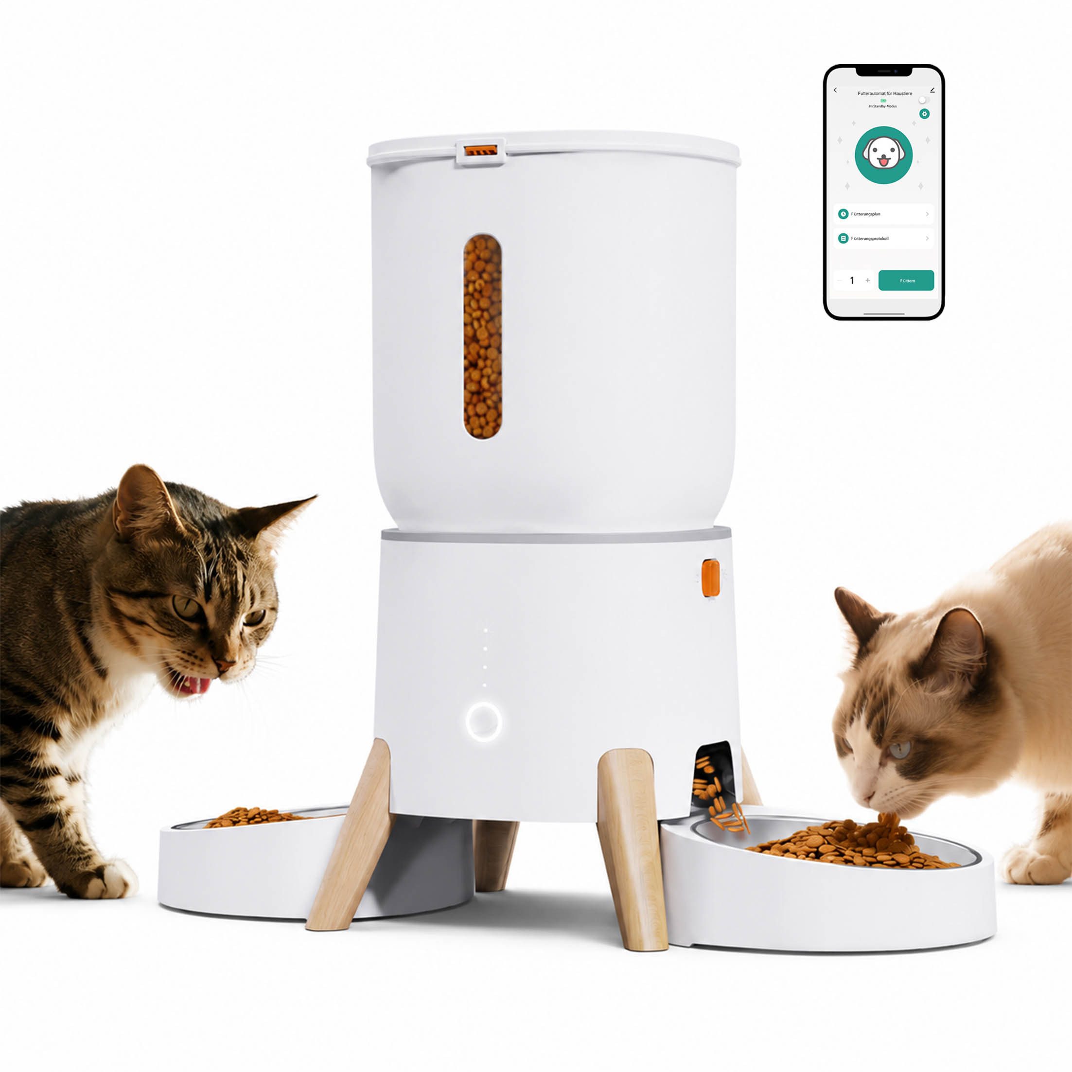 KINSI Katzen-Futterspender 5L Katzenfutterautomat,2 Näpfe,WiFi 2.4G,App Steuerung,Voice Recorder, Fütterungszeiten und -mengen frei einstellbar