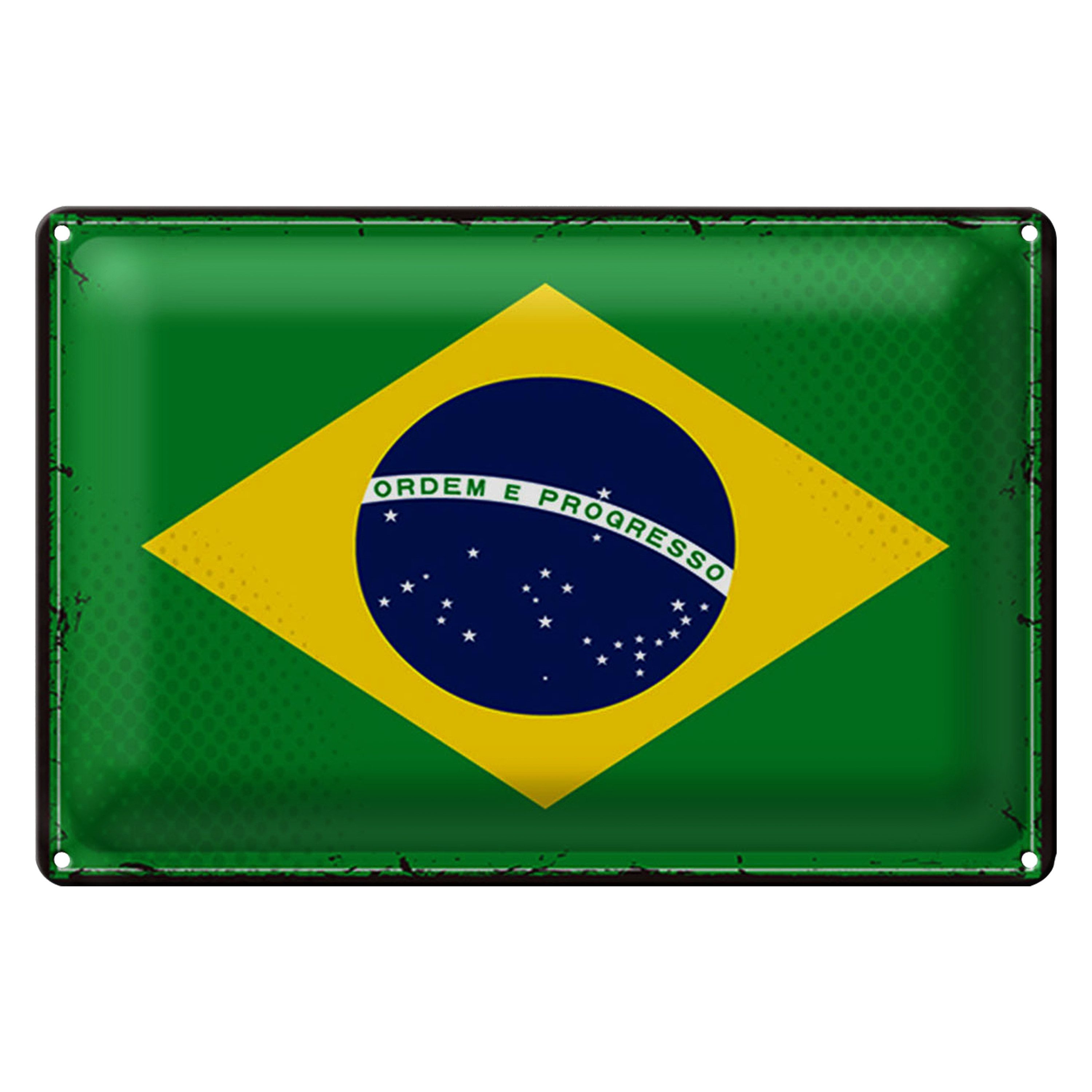Roomando Metallschild Flagge Brasilien 40x30cm Retro Flag of Brazil