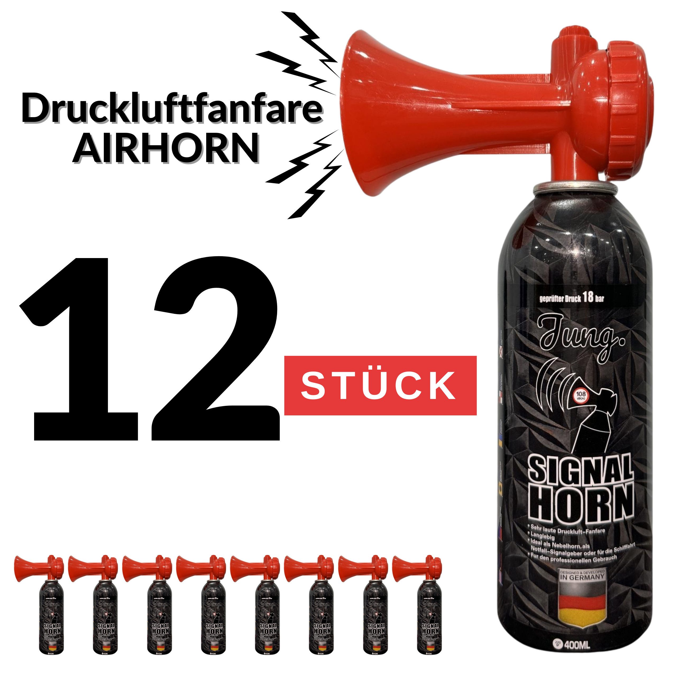 JUNG Signalpfeife Druckluftfanfare Air Horn Profi Qualität, (12-St), 400ml Umweltfreundliche Signalhorn Fanfare WM
