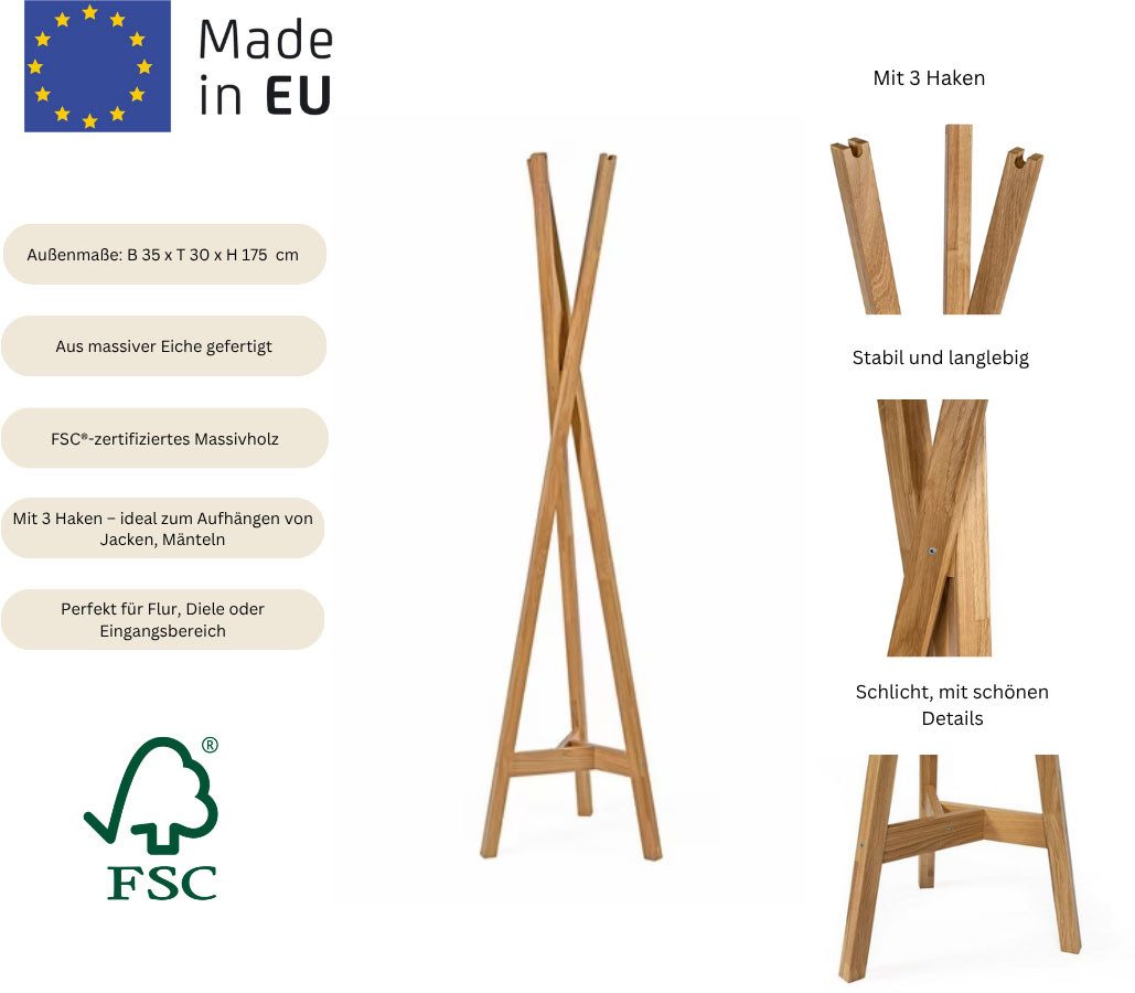 andas Garderobenständer, im skandinavian Design, aus Eiche massiver Eiche, FSC®