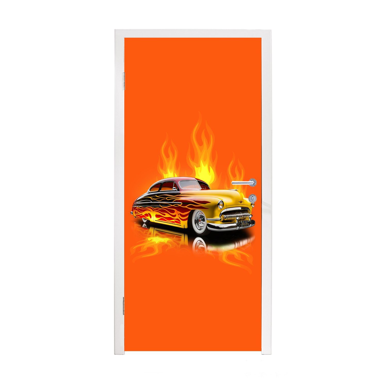 MuchoWow Türtapete Auto - Flammen - Orange - Feuer - Vintage, Matt, bedruckt, (1 St), Fototapete für Tür, Türaufkleber, 75x205 cm