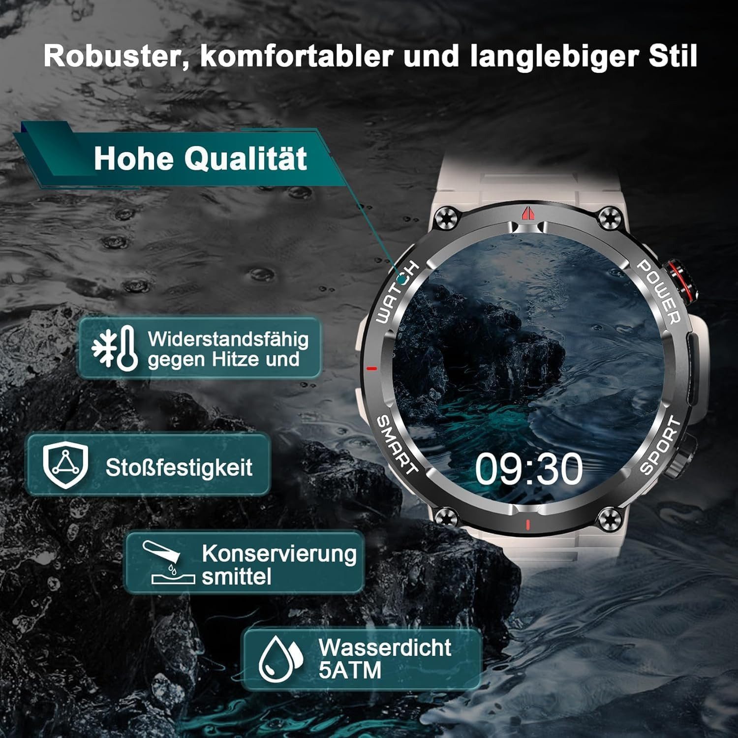 IOWODO Herren's und Damen's Fitness-Tracker IP68 Wasserdicht Telefonie Smartwatch (3.6 cm/1.39 Zoll, Android iOS), mit Bluetooth Anruffunktion 24/7 SpO2 + Schlafanalyse, 100 Sportmodi