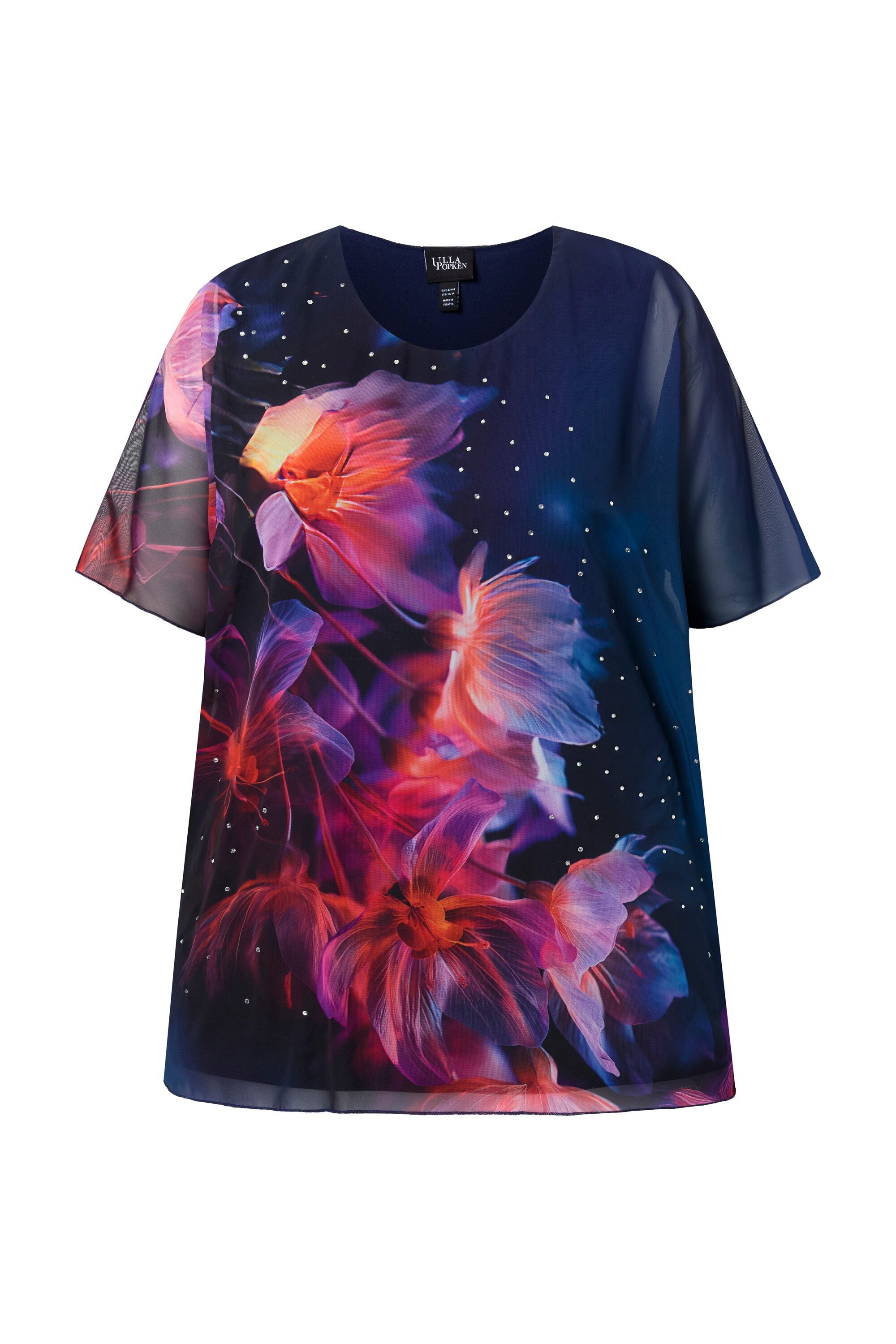 Ulla Popken Tunika Bluse Blüten doppellagig A-Linie Rundhals Halbarm günstig online kaufen
