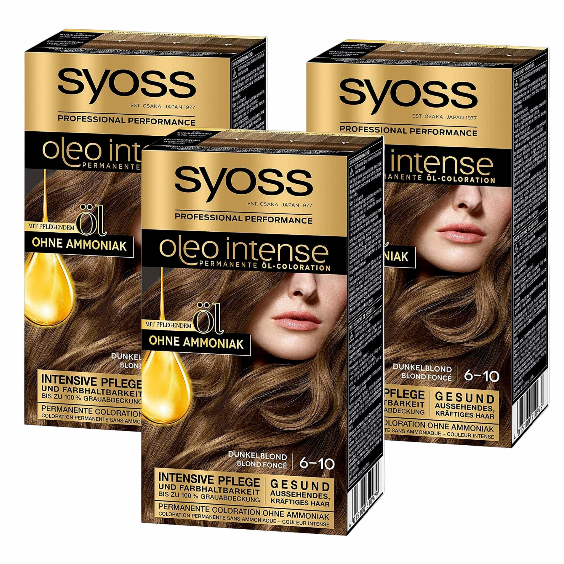 Syoss Coloration 3x Syoss Oleo Intense Öl-Coloration 6-10 Dunkelblond Stufe 3 (115 ml), 3-tlg., permanente Öl-Coloration, dauerhafte Haarfarbe mit pflegendem Öl