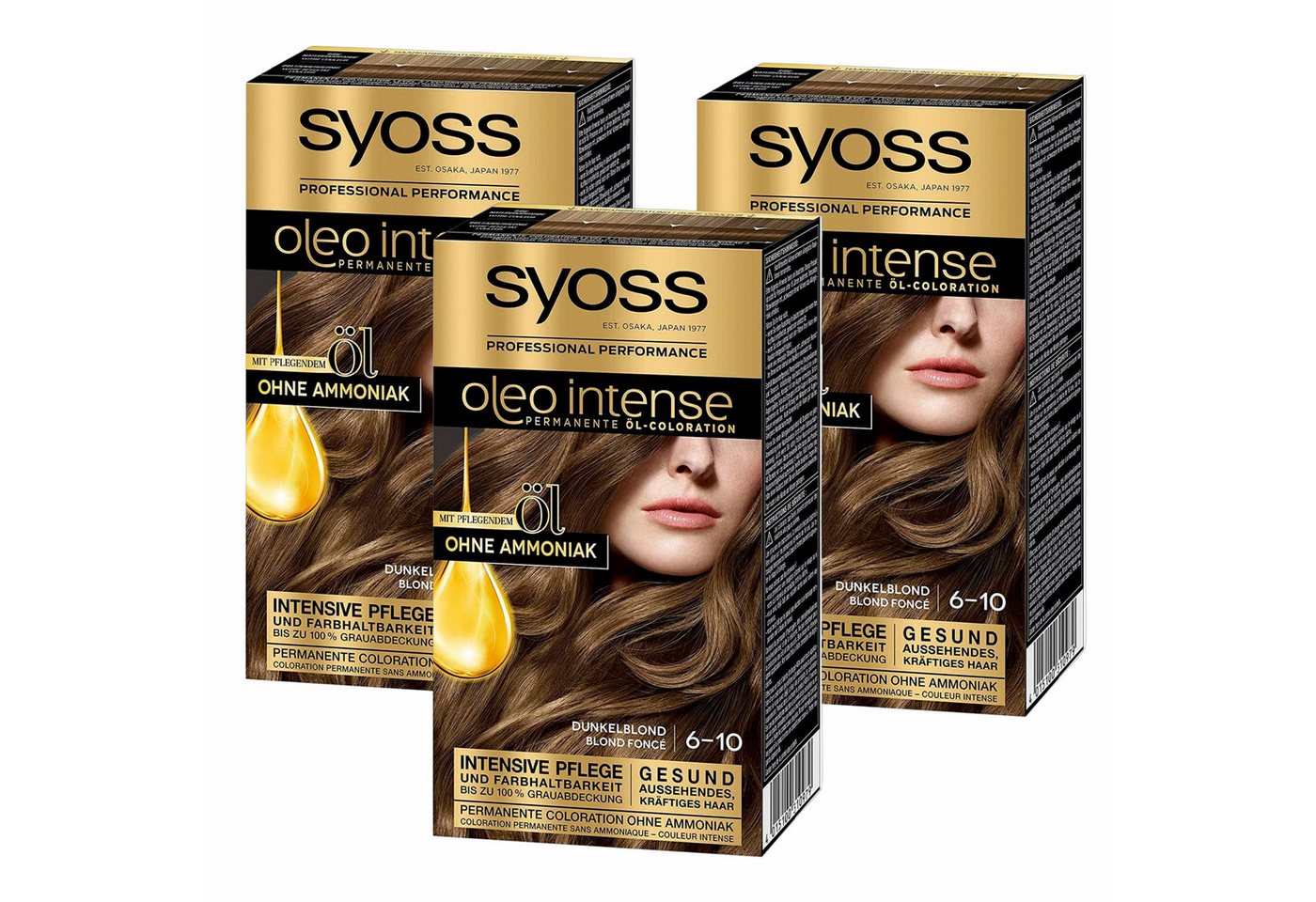 Syoss Coloration 3x Syoss Oleo Intense Öl-Coloration 6-10 Dunkelblond Stufe 3 (115 ml), 3-tlg., permanente Öl-Coloration, dauerhafte Haarfarbe mit pflegendem Öl