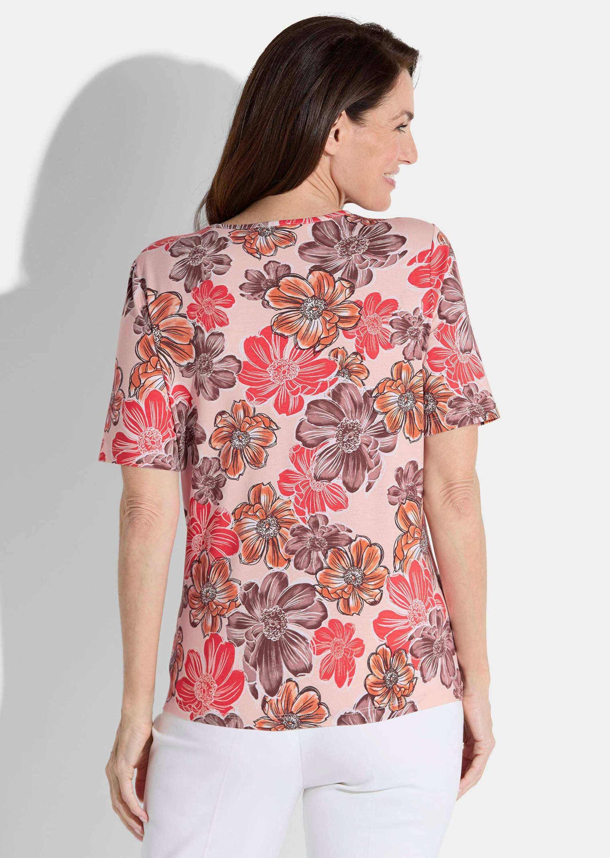GOLDNER T-Shirt Kurzgröße: Viskoseshirt mit Allover-Blumendruck Druckshirt mit Rundhalsausschnitt und Halbarm