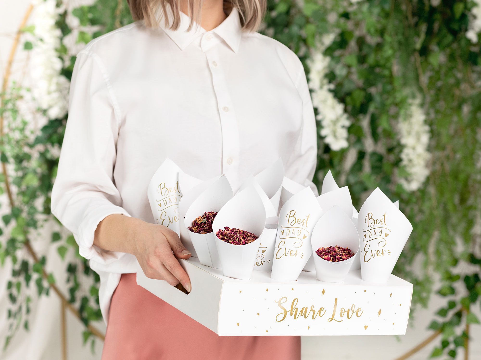 partydeco Papierspitztüten, Konfetti Tüten für Hochzeit 16 Stück mit Halter Box Weiß / Gold