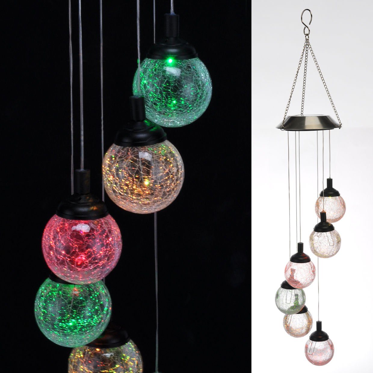Spetebo LED Windlicht LED Solar Windspiel mit 6 Kugeln aus Glas