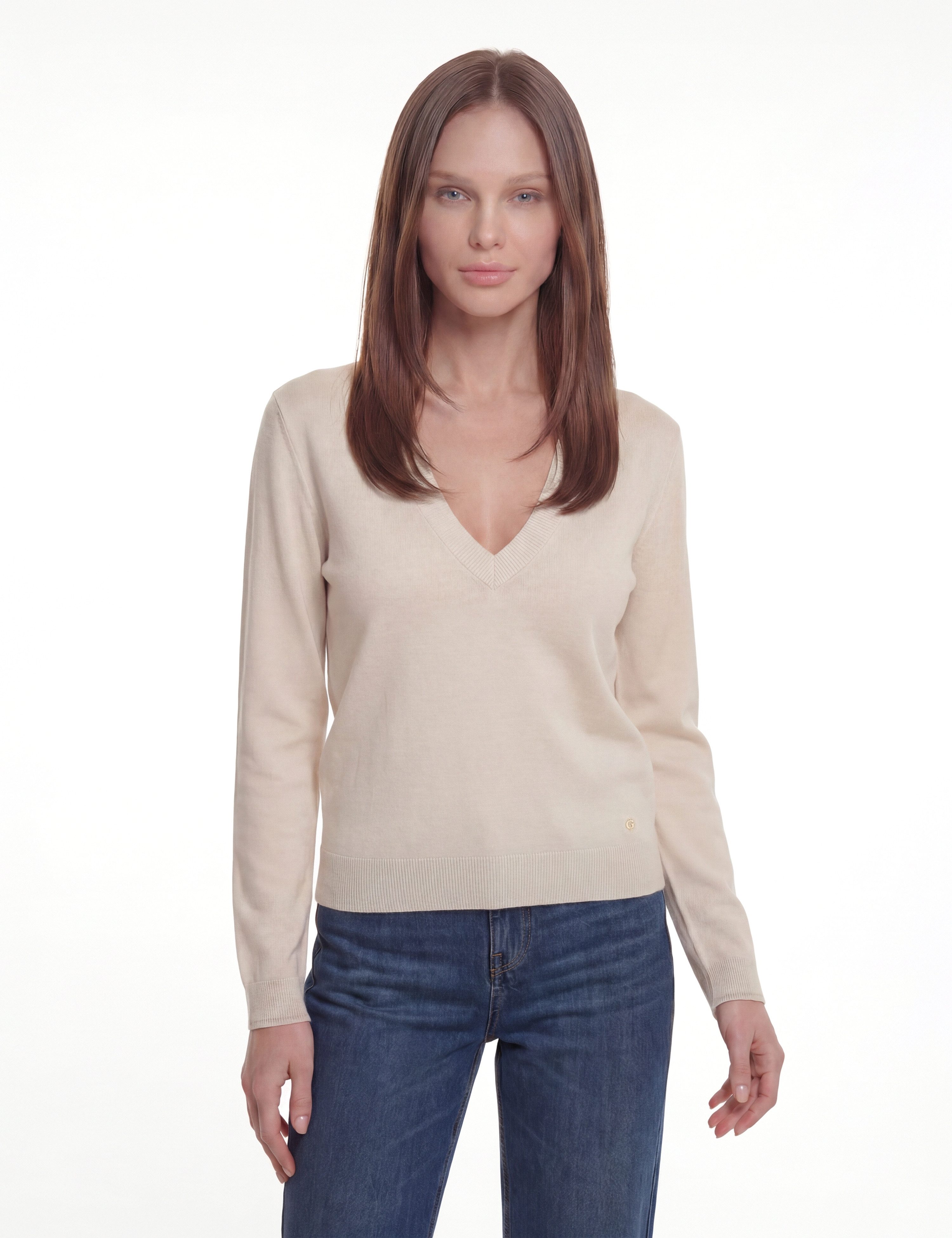 Guess Wollpullover LS VN PRISCILLA SWTR mit V-Ausschnitt, Merinowolle
