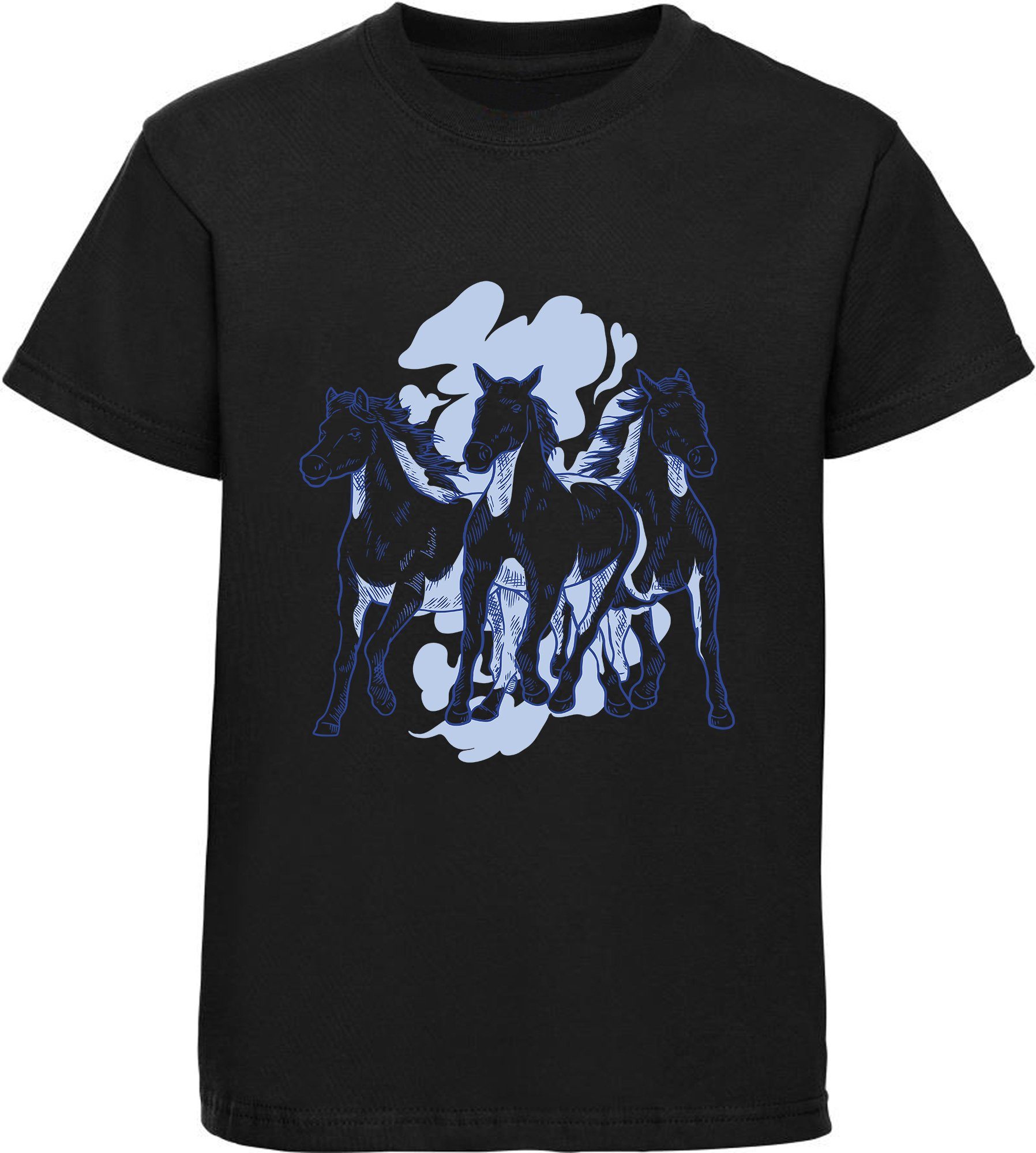 mit 3 MyDesign24 bedrucktes Pferden mit Baumwollshirt Print-Shirt Aufdruck, Mädchen T-Shirt i141 schwarz