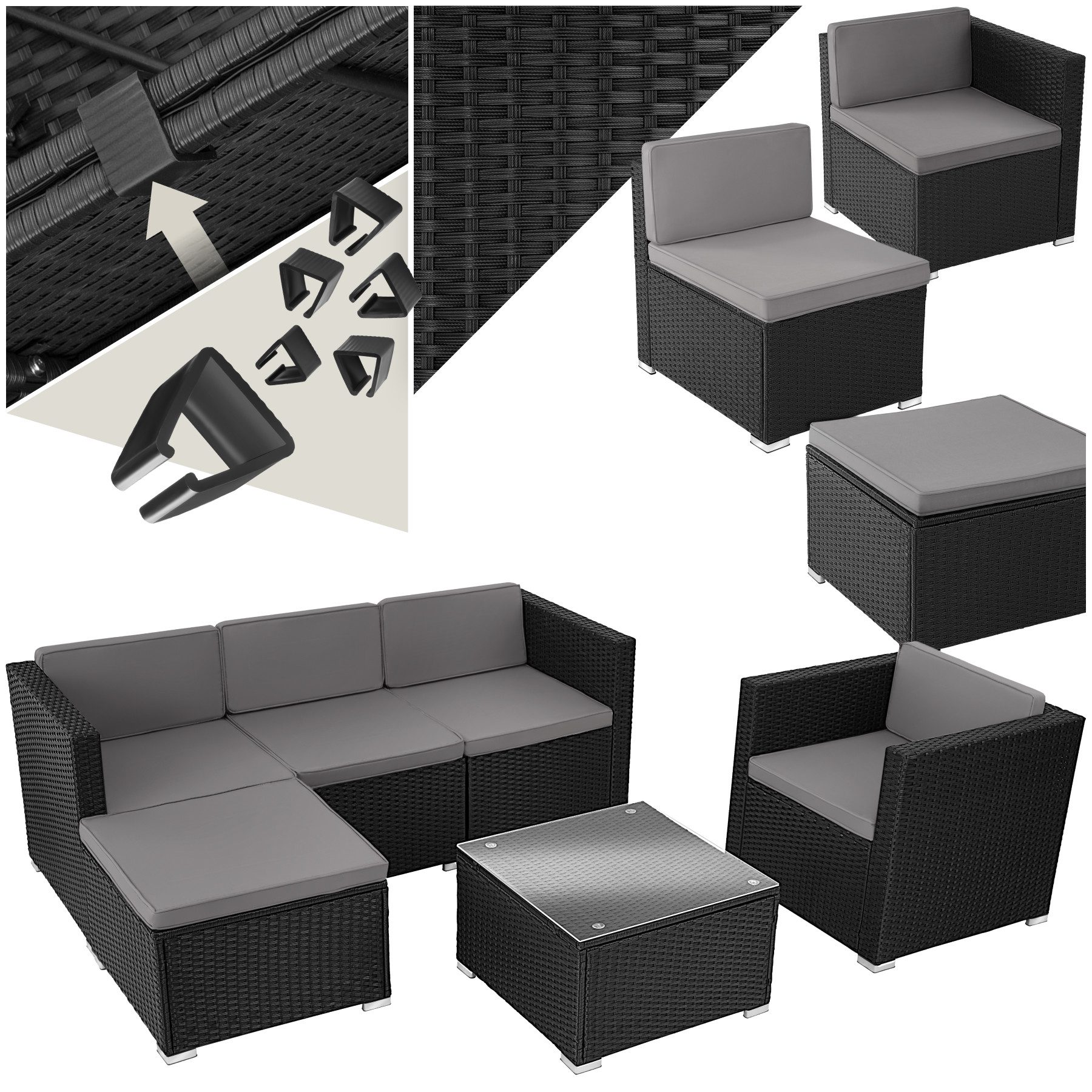 tectake Loungeset Rattan Sitzgruppe mit Sicherheitsglasplatte, für 4 bis 5 Personen, (Gartenlounge-set Lignano, 6-tlg., geeignet für Outdoor in Schwarz), widerstandsfähig und UV-beständig, variabel aufstellbar