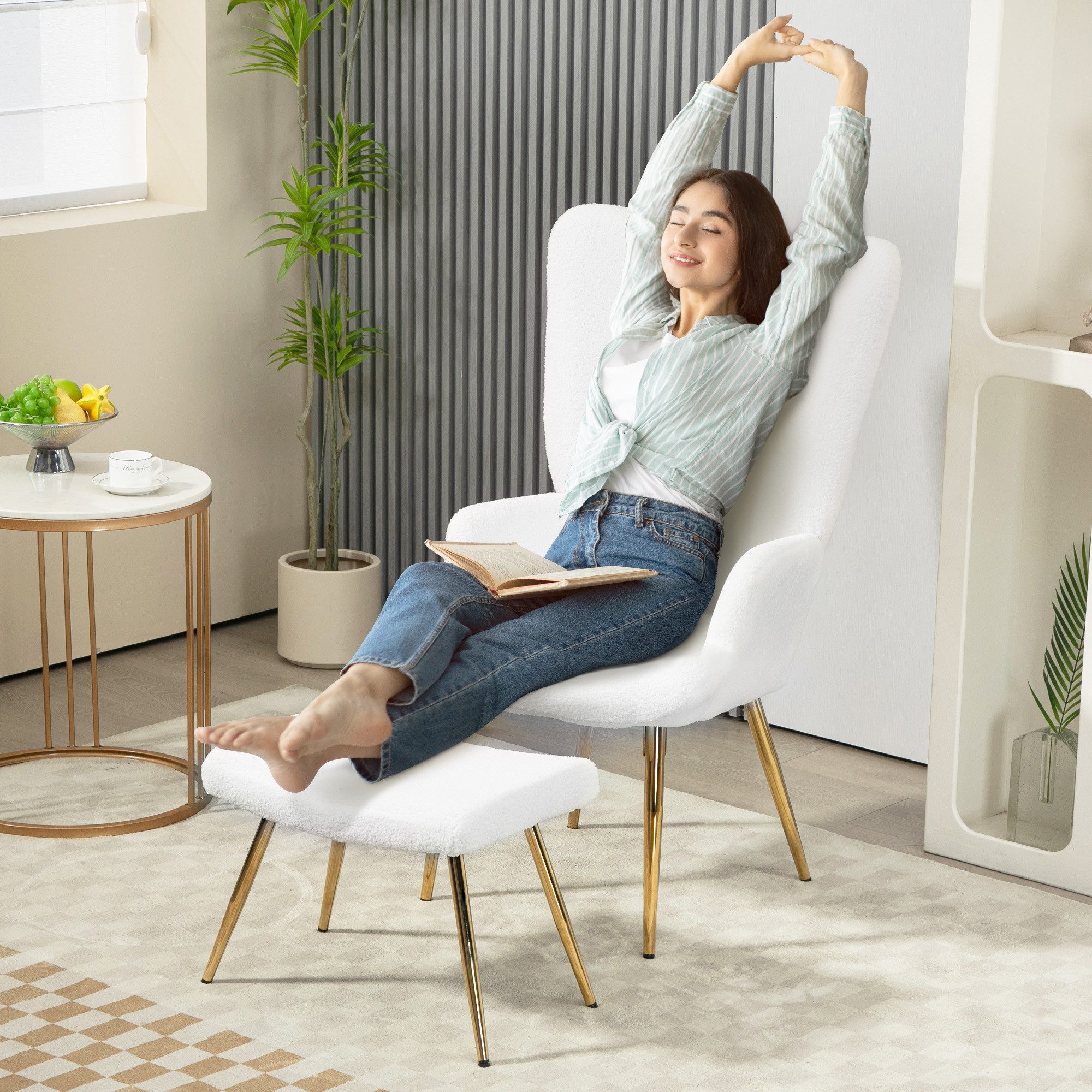 HOMCOM Relaxsessel Loungesessel mit Sherpa-Bezug (Loungesessel, 2-St., Sessel), für Wohnzimmer, Schlafzimmer, Weiß