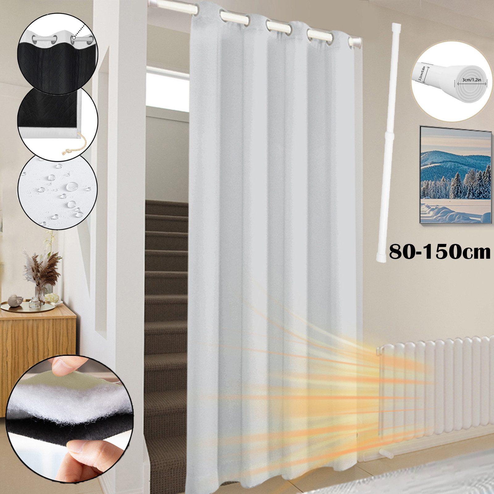 Jibenhome Türvorhang Thermo Vorhang mit Stange Ösen Gardine Untere Taschenstange, Raumtrenner Verdunkelnd Gesteppter Vorhänge( Klemmstange Optional)