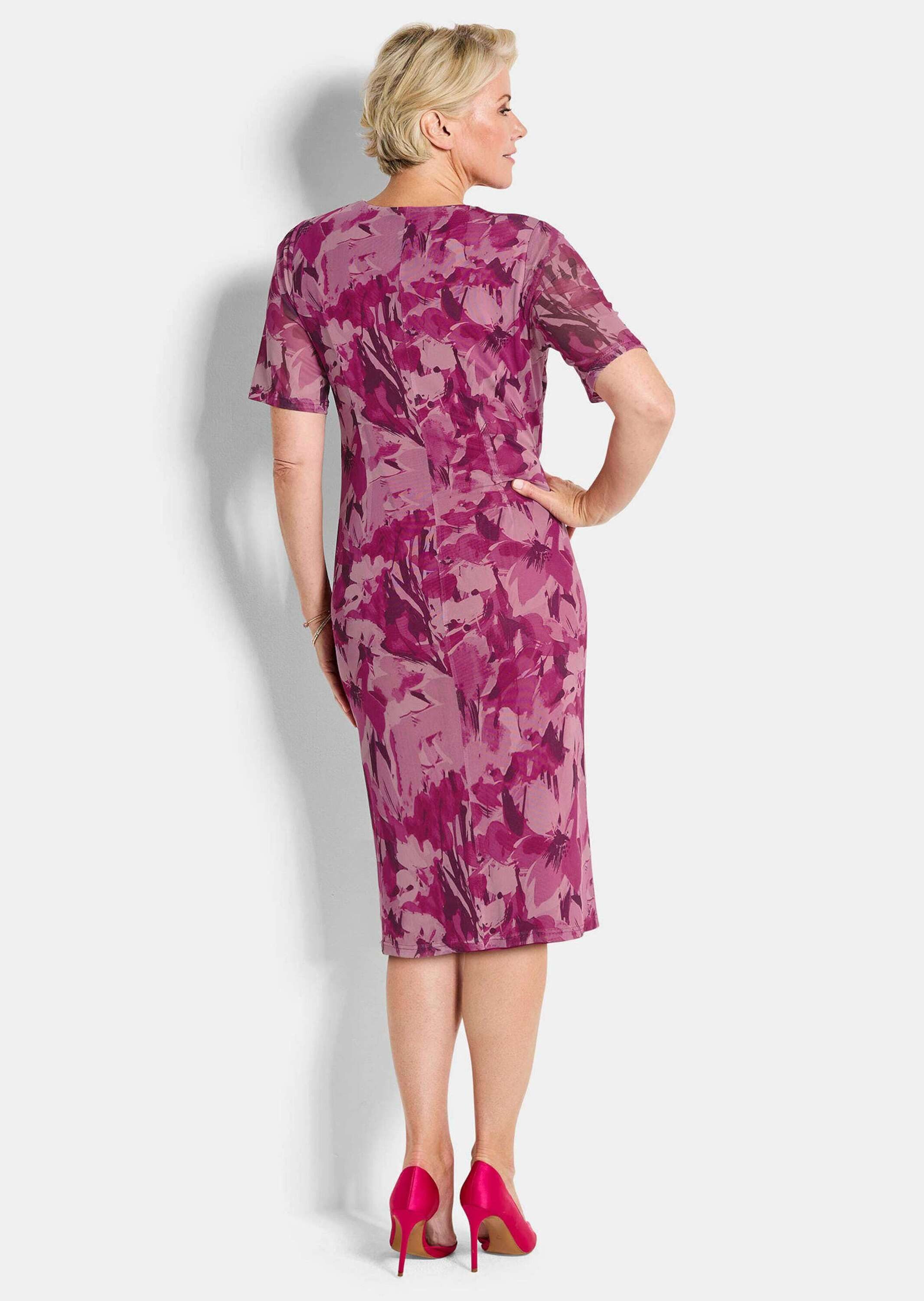 GOLDNER Abendkleid Wickelkleid mit Blumenmuster Stretchkleid mit V-Ausschnitt, Faltenwurf, Knielänge und Halbarm