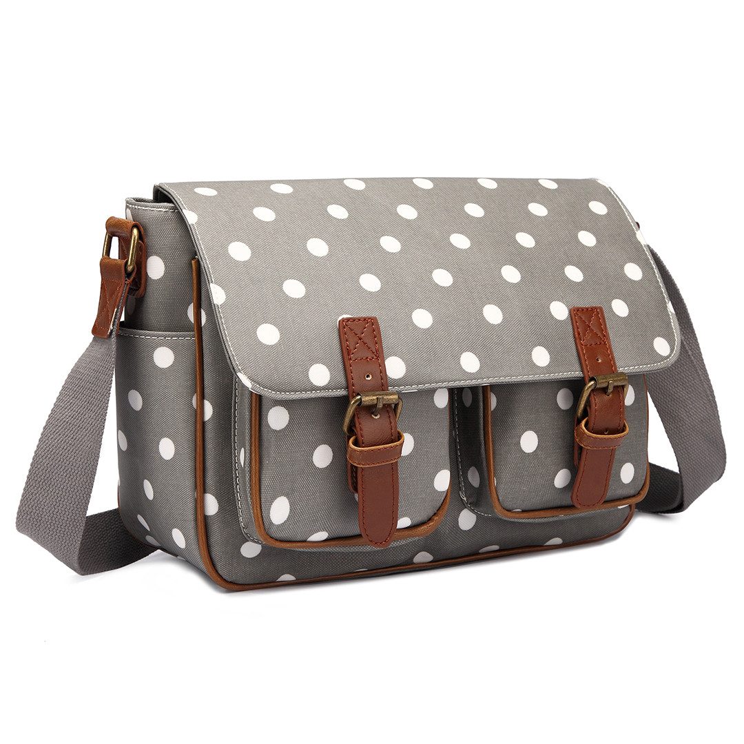 KONO Messenger Bag Große Umhängetasche aus Wachstuch (Punkte-Design)