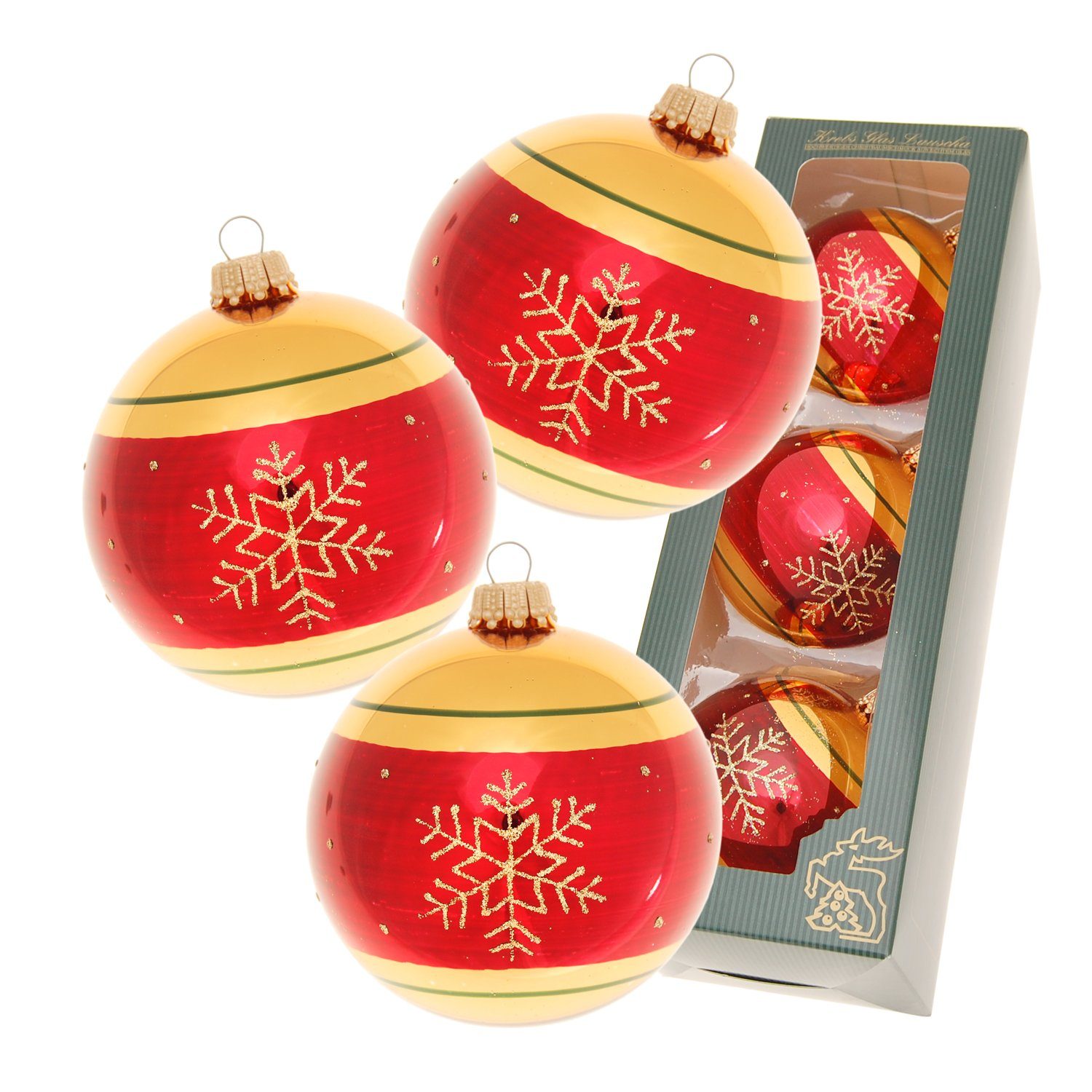 Krebs Glas Lauscha Christbaumschmuck Xmas Night Schneeflocke, 3-er Set, gold glanz/bordeaux glanz, 8cm