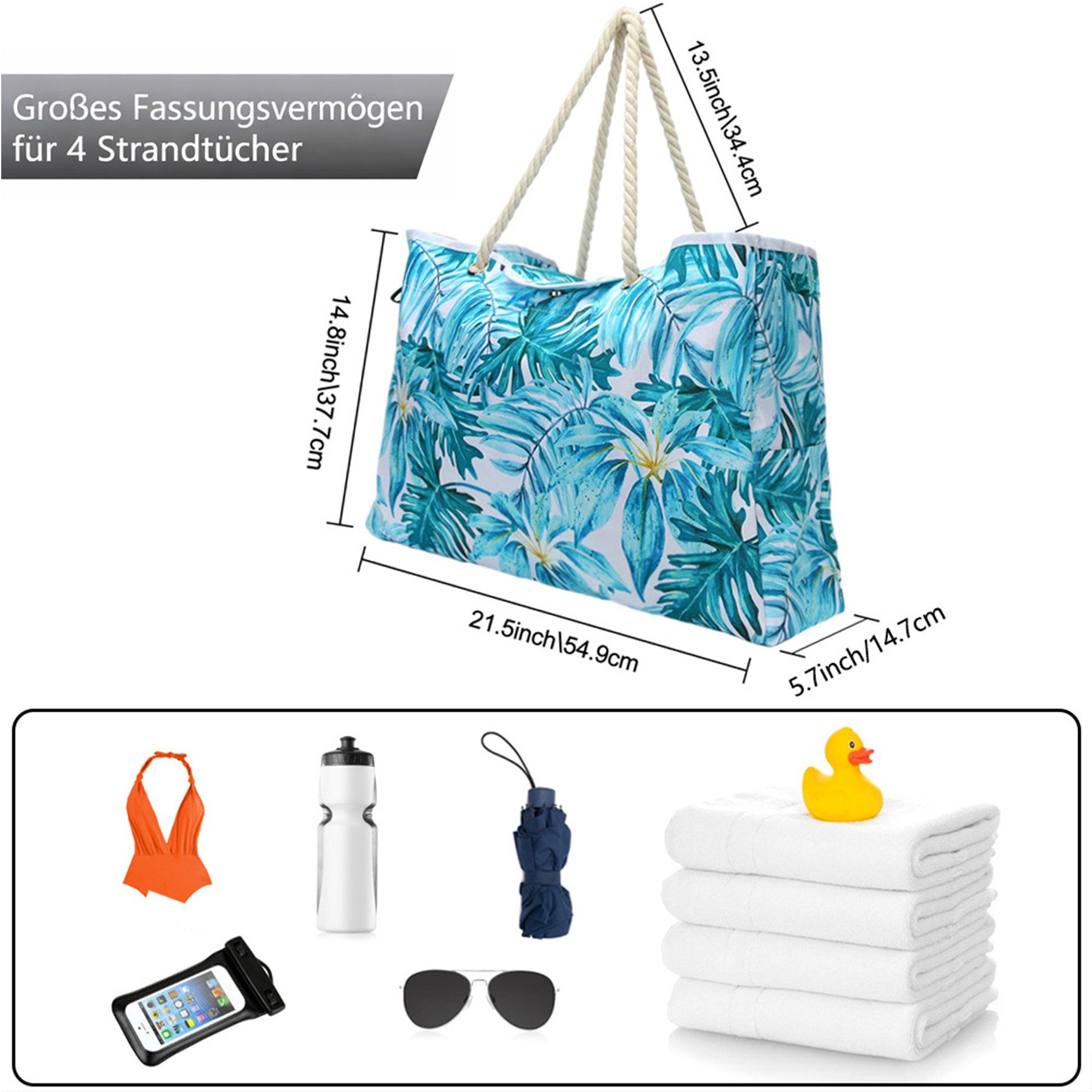 Mutig Strandtasche Große Strandtasche mit Reißverschluss, wasserdicht & sanddicht (Damen Umhängetasche / Tragetasche / Shopper, itness- & Reisetasche für Strand, Pool), Urlaub & Reisen, Familie
