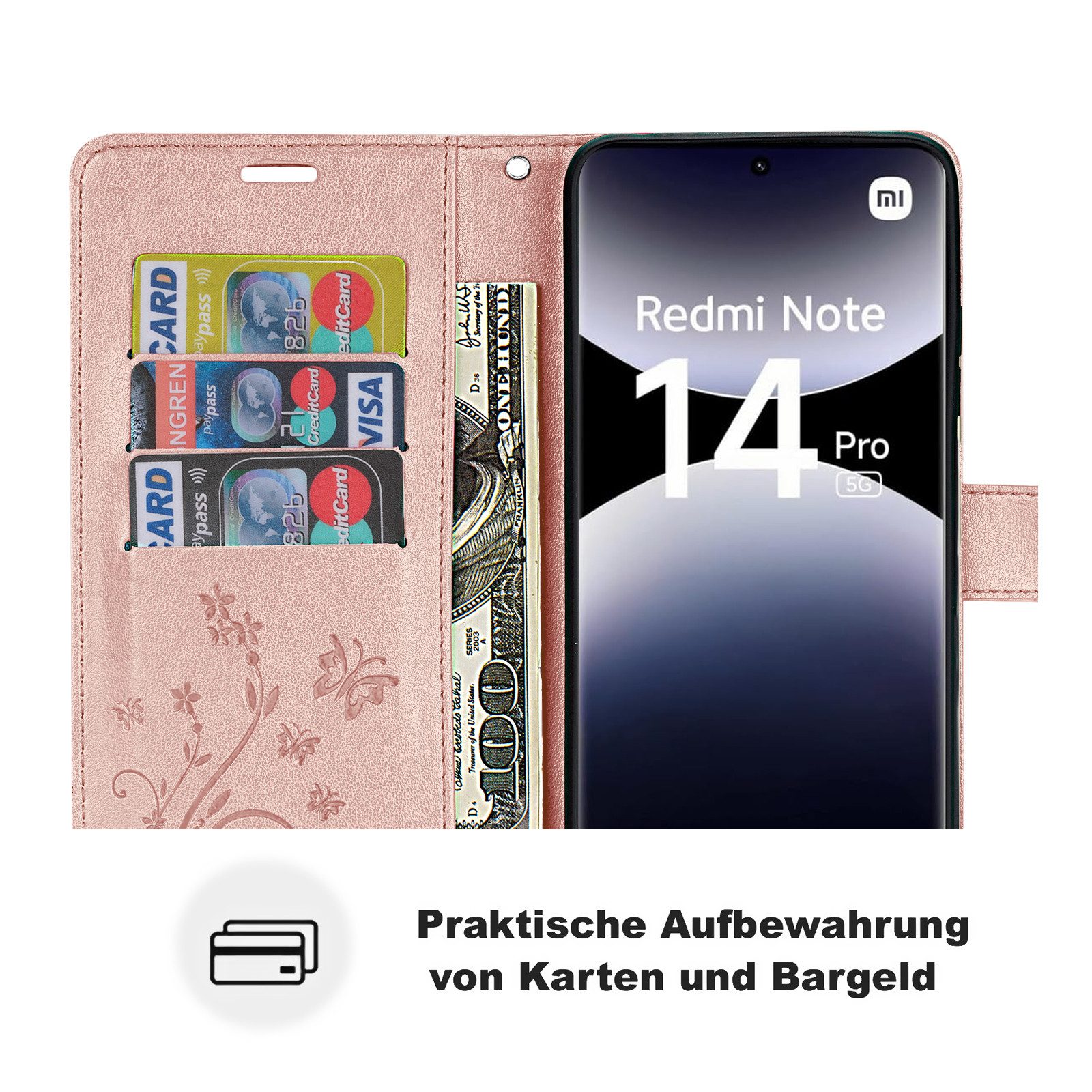 betterfon Handyhülle für Xiaomi Redmi Note 14 Pro 5G Wallet Case Flip Cover, Bookstyle-Hülle: Magnetverschluss 3 Kartenfächer & Standfunktion – Bild 5 von 5