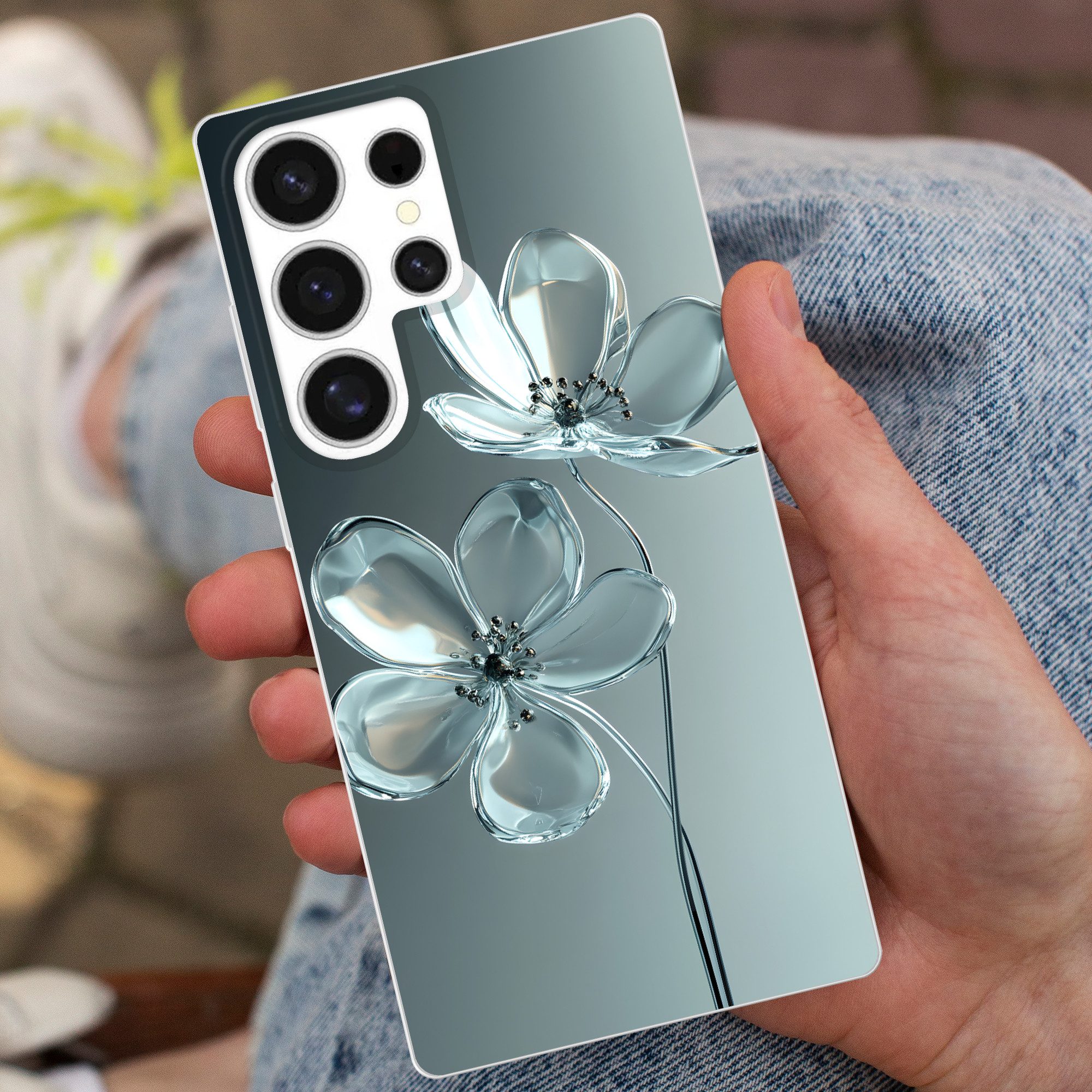 MuchoWow Handyhülle für Samsung Galaxy S25 Ultra Kristall - Blumen - Grau, Phone Case, Silikon, Schutzhülle Dünn