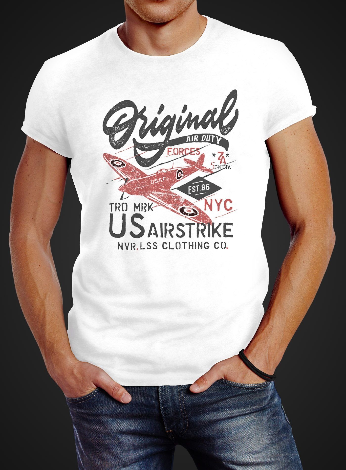 Spitfire Retro Vintage Print-Shirt T-Shirt Motiv US Flugzeug weiß Print mit Motiv Herren Neverless Airforce Fashion Neverless® Streetstyle Army Schriftzug