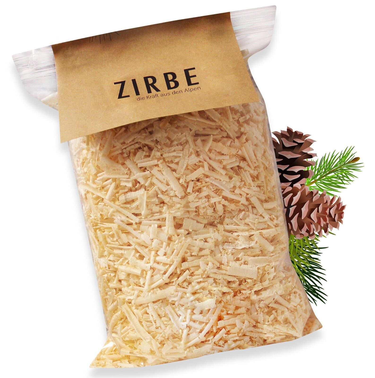 Heubergshop Zirbenkissen, Nachfüllpack - Zirbenspäne - Die Kraft aus den Alpen - Zirben, Zirbenflocken, Nachfüllung für Zirbenkissen, ca. 125g / 3 Liter (Zirben-3L)