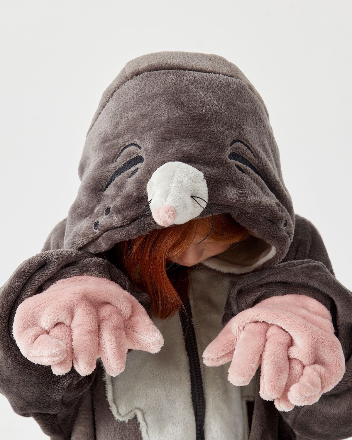 Corimori Partyanzug Flauschiges Maulwurf Kostüm, Onesie für Erwachsene, Jumpsuit, Pyjama, Fasching, Kigurumi, Tierkostüme, Maulwurf Elron