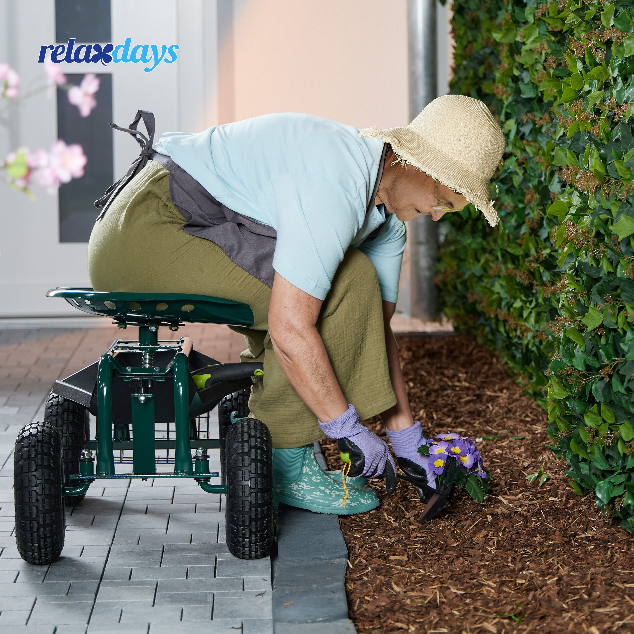 relaxdays Rollsitz Fahrbarer Gartensitz mit Stauraum