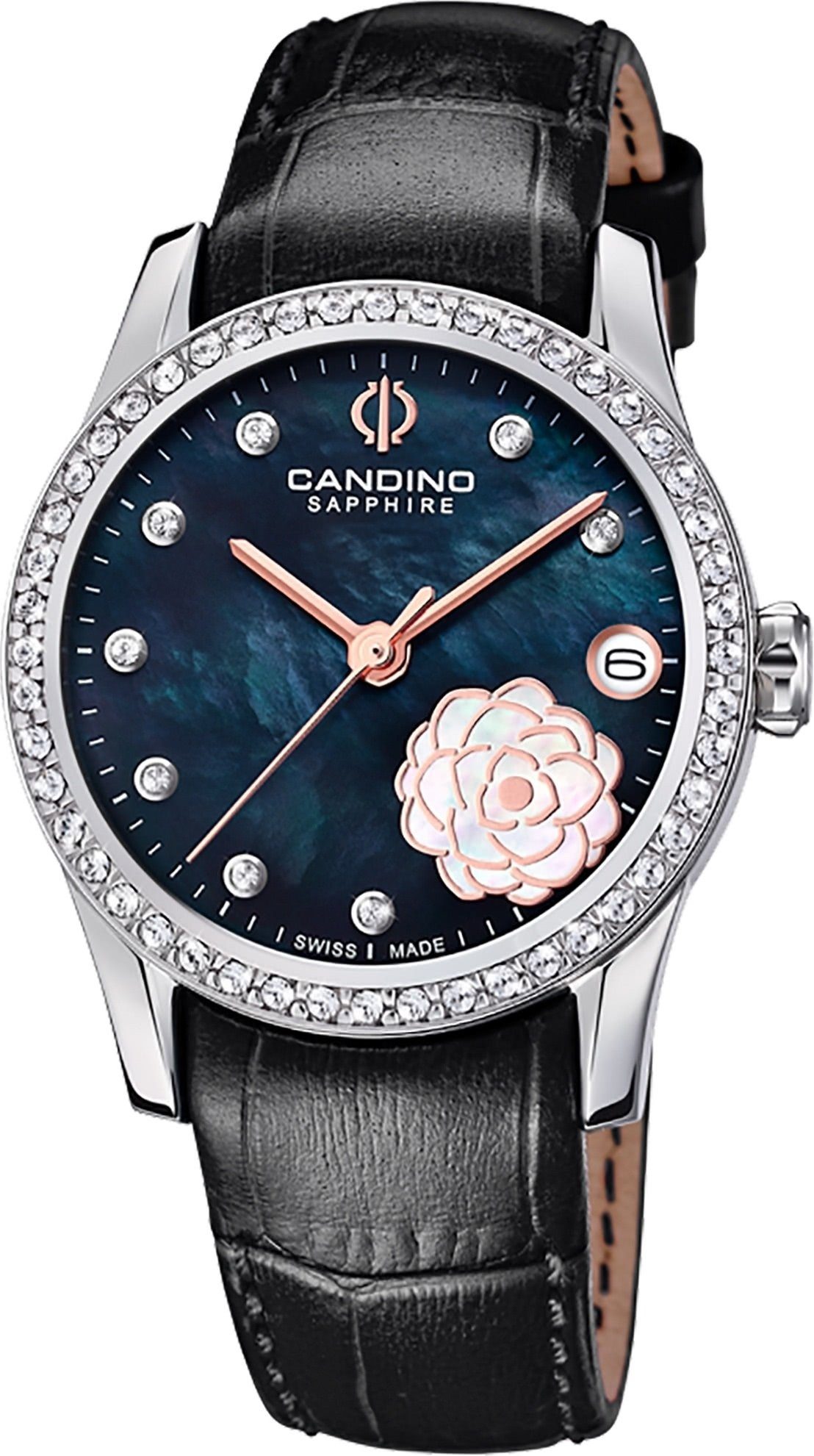 Candino Quarzuhr Candino Damen Armbanduhr Elegance, (Analoguhr), Damen Armbanduhr rund, Lederarmband schwarz, Fashion