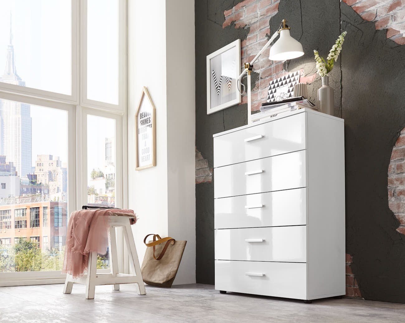 BMG Möbel Kommode Monaco 6 (Kommode mit 5 Schubladen), BxHxT 65 x 91 x 32 cm, Fronten Hochglanz Weiß
