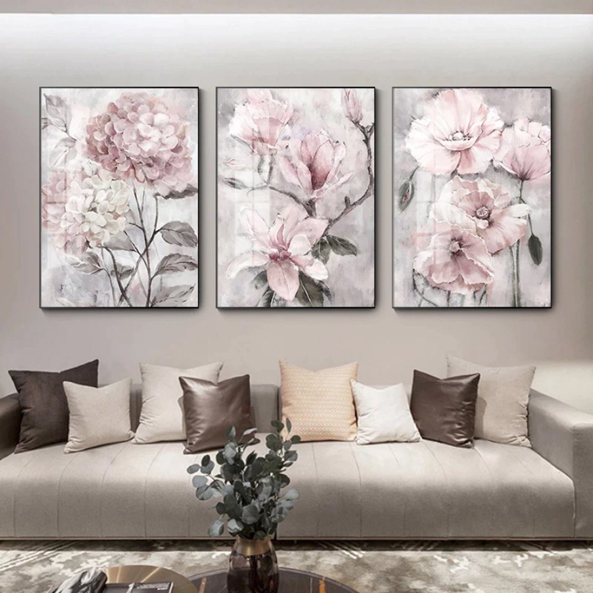 TPFLiving Kunstdruck »OHNE RAHMEN«, Motiv 3PCS Set, Luxus Poster Leinwand -  Wandbild / Rosa Blumen - Farben: Rosa, Weiß - 3 Motive in 17 Größen zur  Auswahl - Auch in DIN A4,