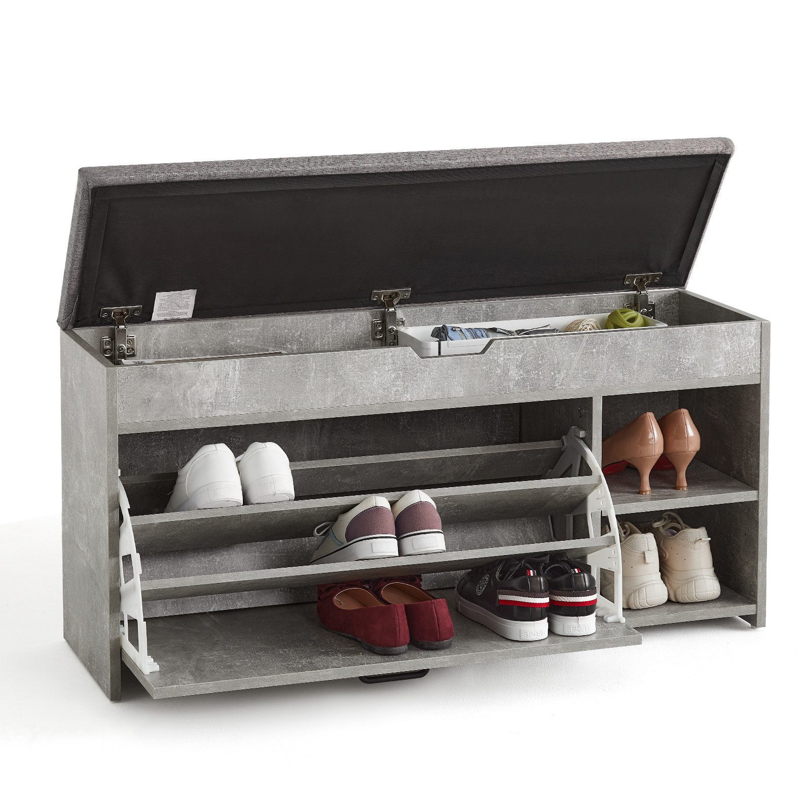 Mondeer Schuhbank Schuhhocker, mit Sitzfläche, mit Klappschublade, 100 x 30 x 52 cm, Weiß + Grau