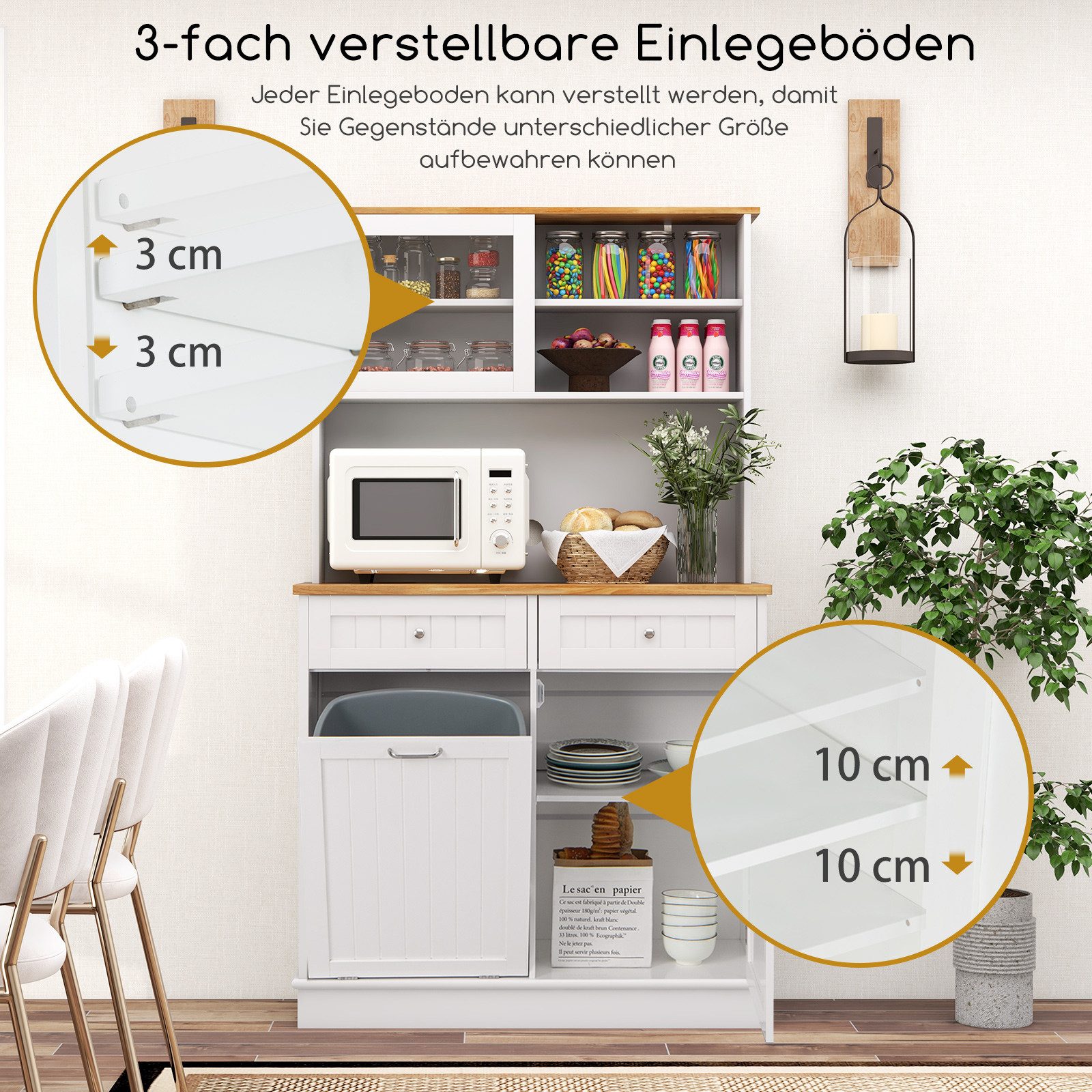 COSTWAY Küchenbuffet für 38L Mülleimer mit Arbeitsplatte, Hochschrank weiß